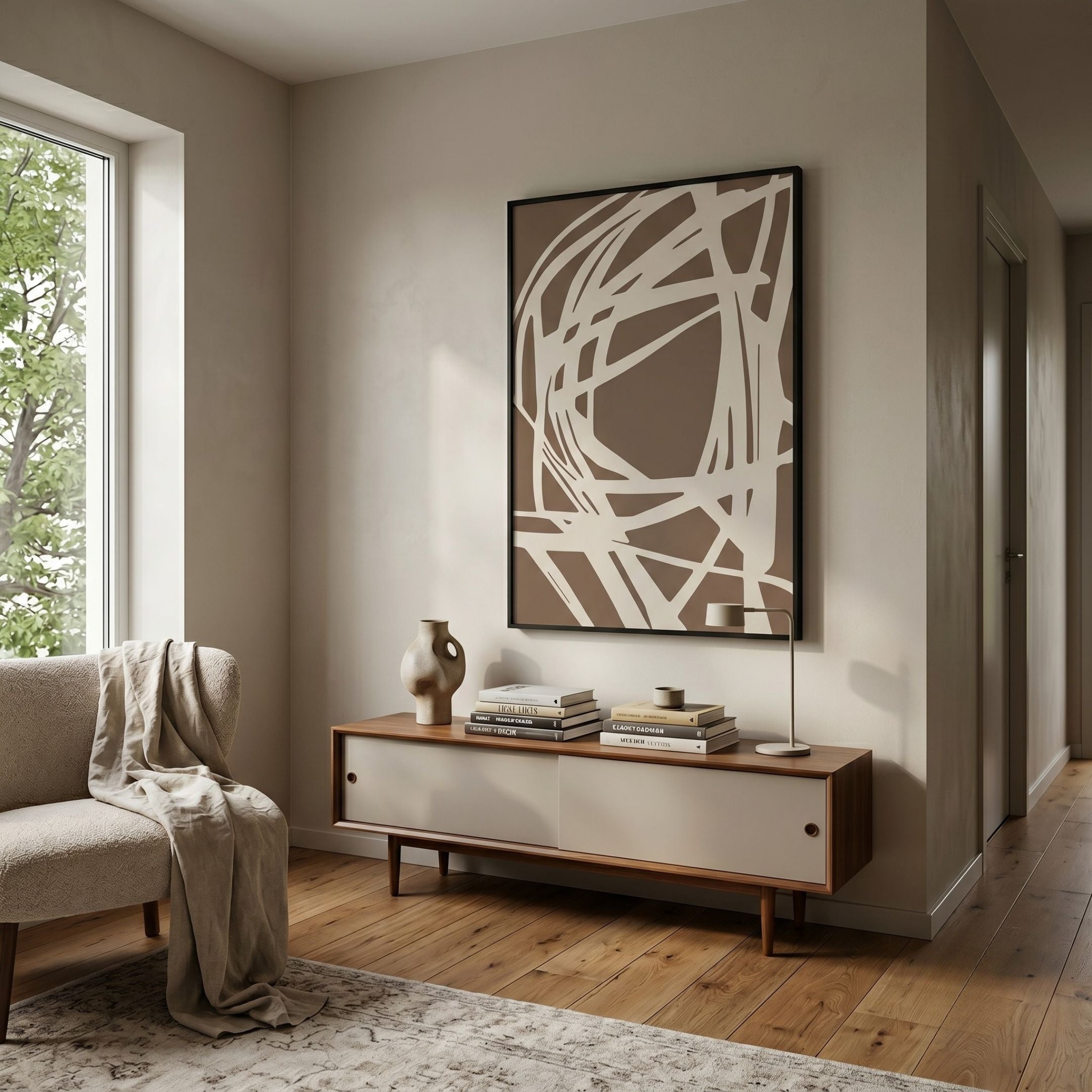 Deralin Mocha Tangle Abstract 3D Carving Wall Art by Giant Sculptures displayed above a walnut sideboard with books and vase in a neutral living room.