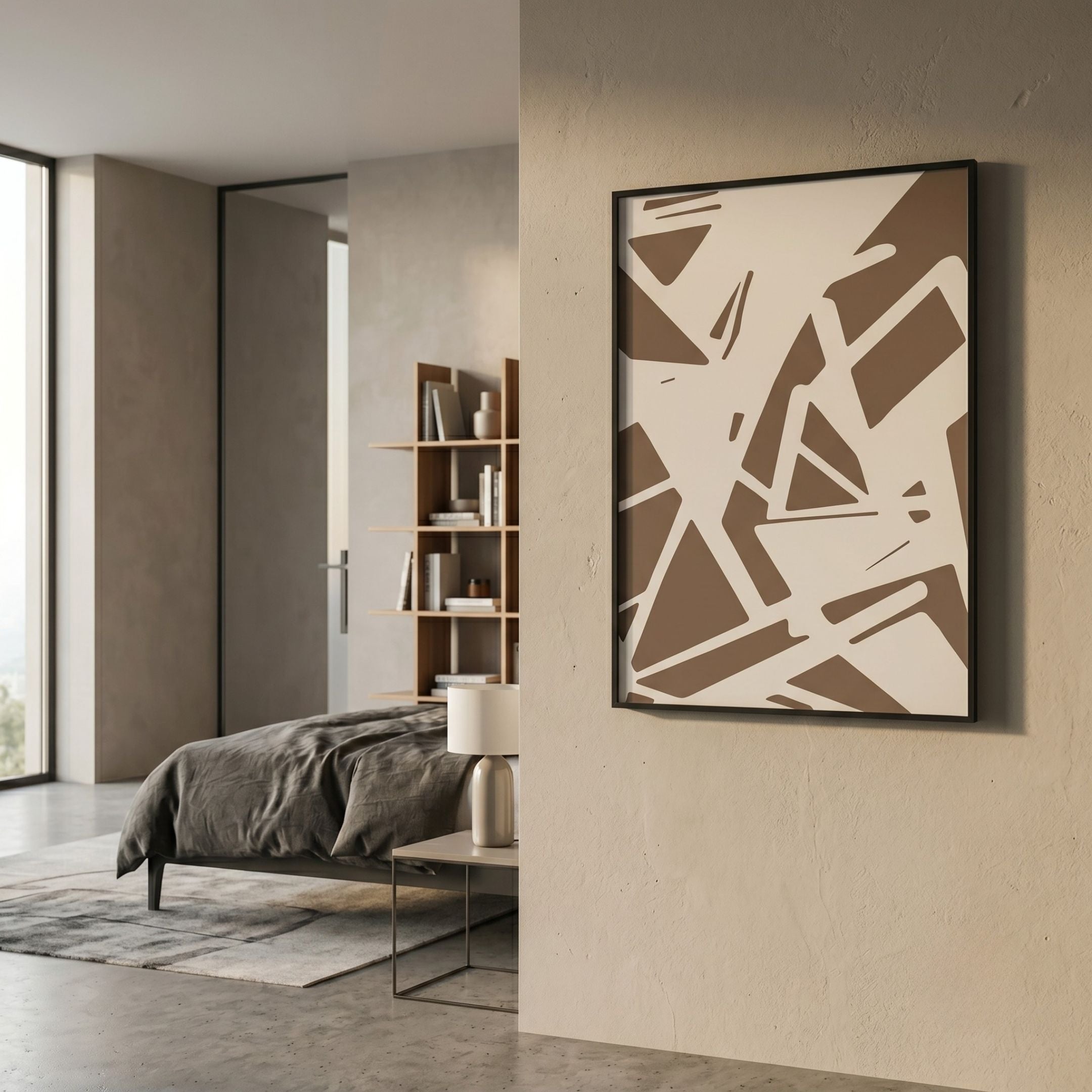 Deralin Mocha Angled Abstract 3D Carving Wall Art in mocha and cream tones, framed in black and mounted on a beige wall beside a modern bedroom.