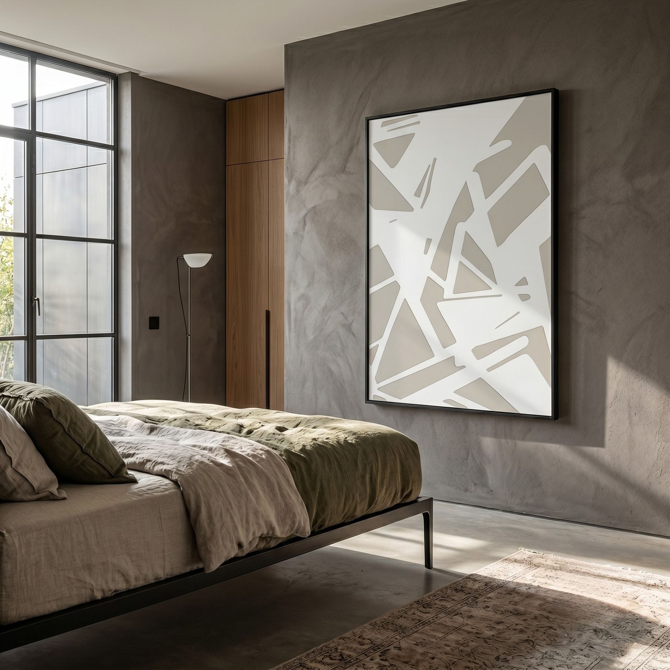 Deralin Taupe Angled Abstract 3D Carving Wall Art in a black frame displayed on a grey concrete wall above a linen-dressed bed in a modern bedroom.