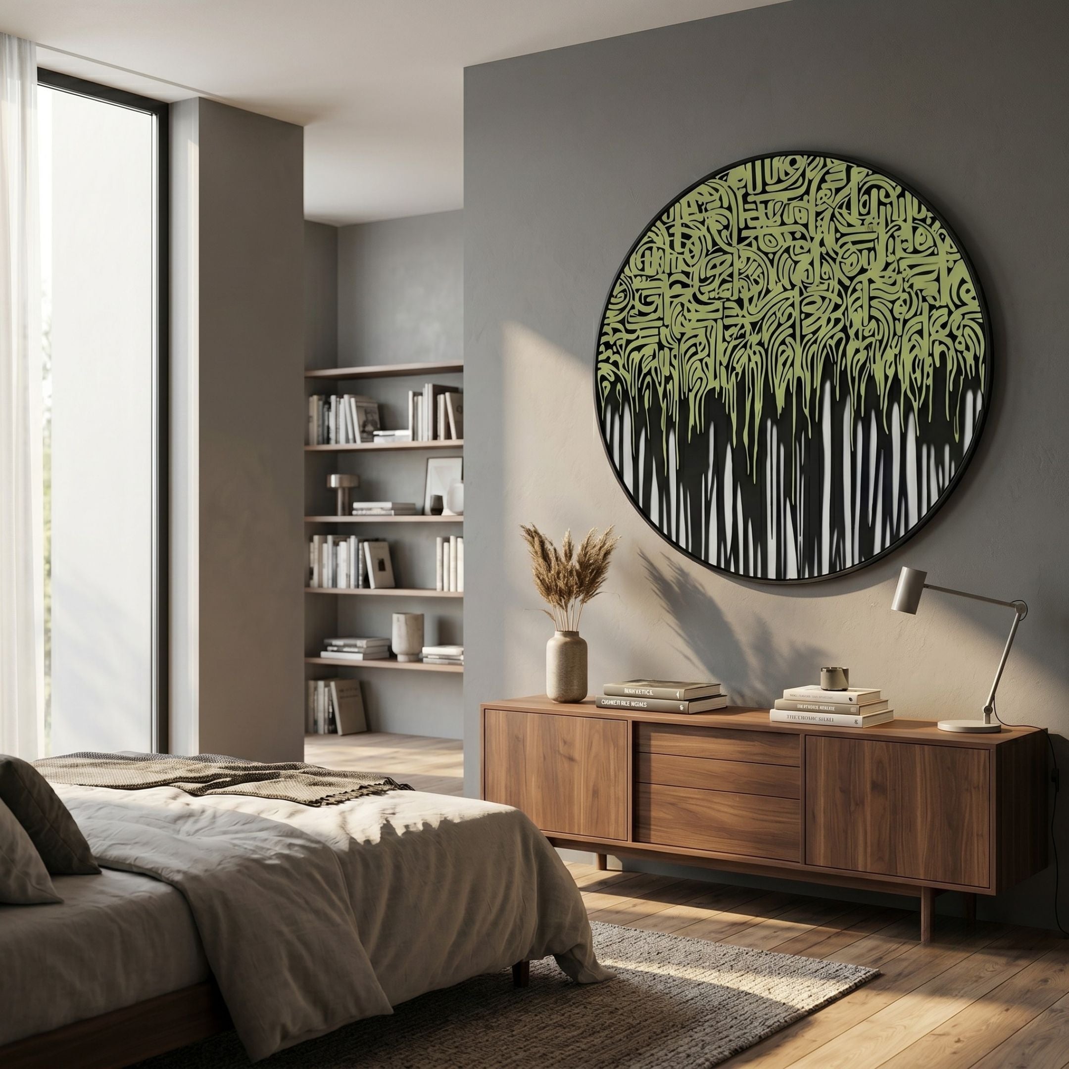 Reverie Verdant Drip Round 3D Relief Wall Art by Giant Sculptures displayed above a walnut sideboard in a modern bedroom with grey walls and bookshelves.
