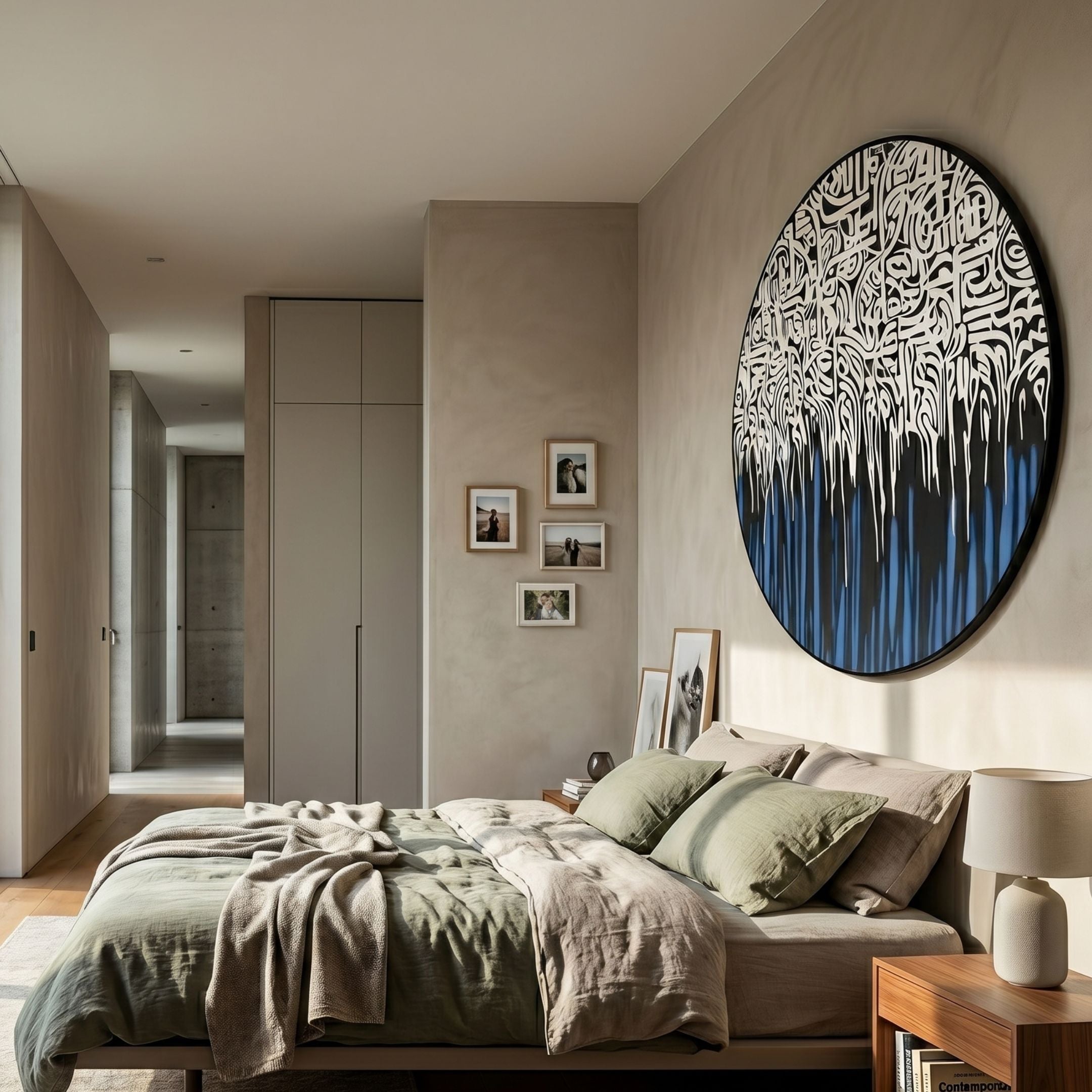Reverie Azure Drip Round 3D Relief Wall Art by Giant Sculptures mounted above a linen-dressed bed in a modern bedroom with a small photo gallery nearby.