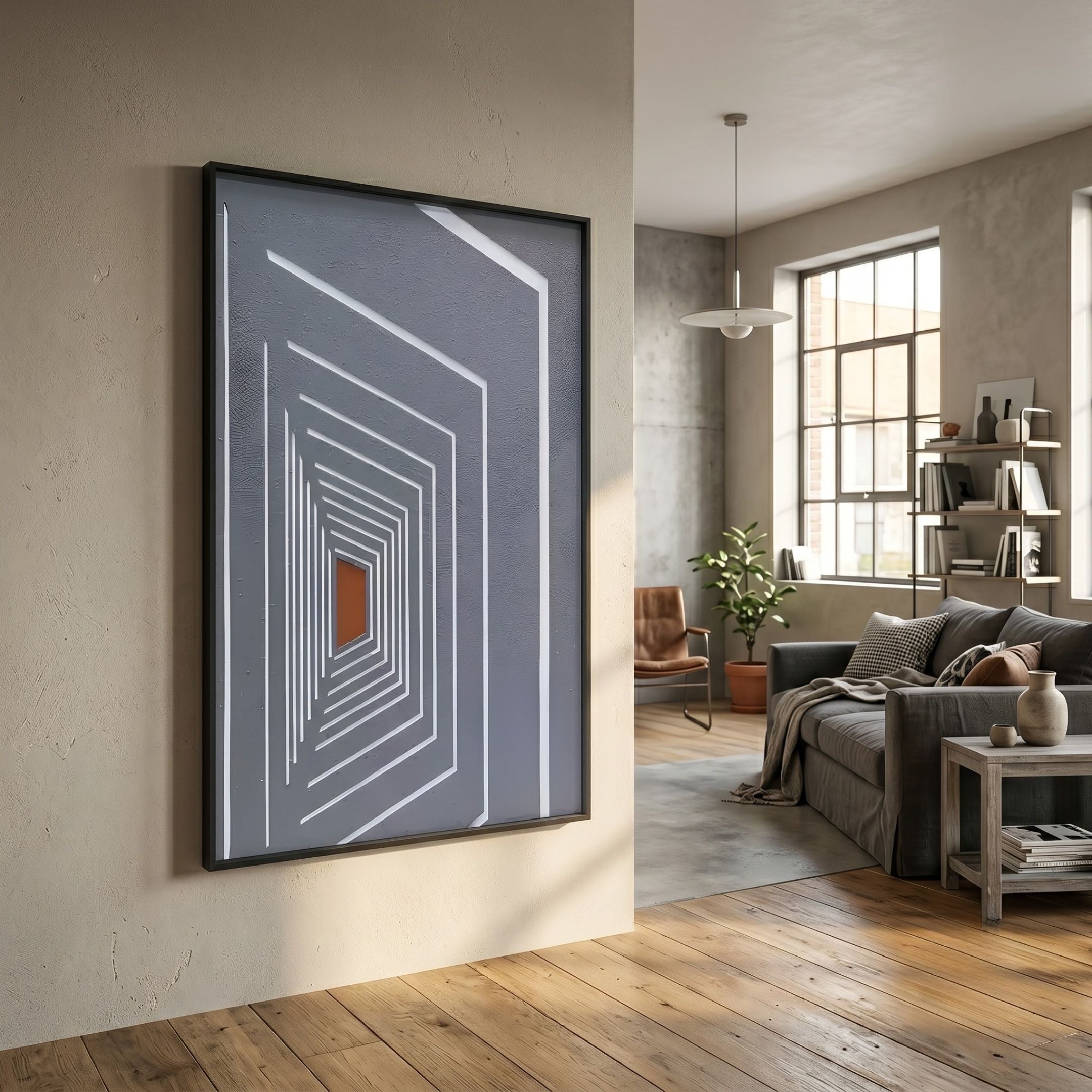 Kairo Linear Depth Slate 3D Carving Wall Art by Giant Sculptures displayed on a beige wall beside a modern living room with grey sofa and wood floor.