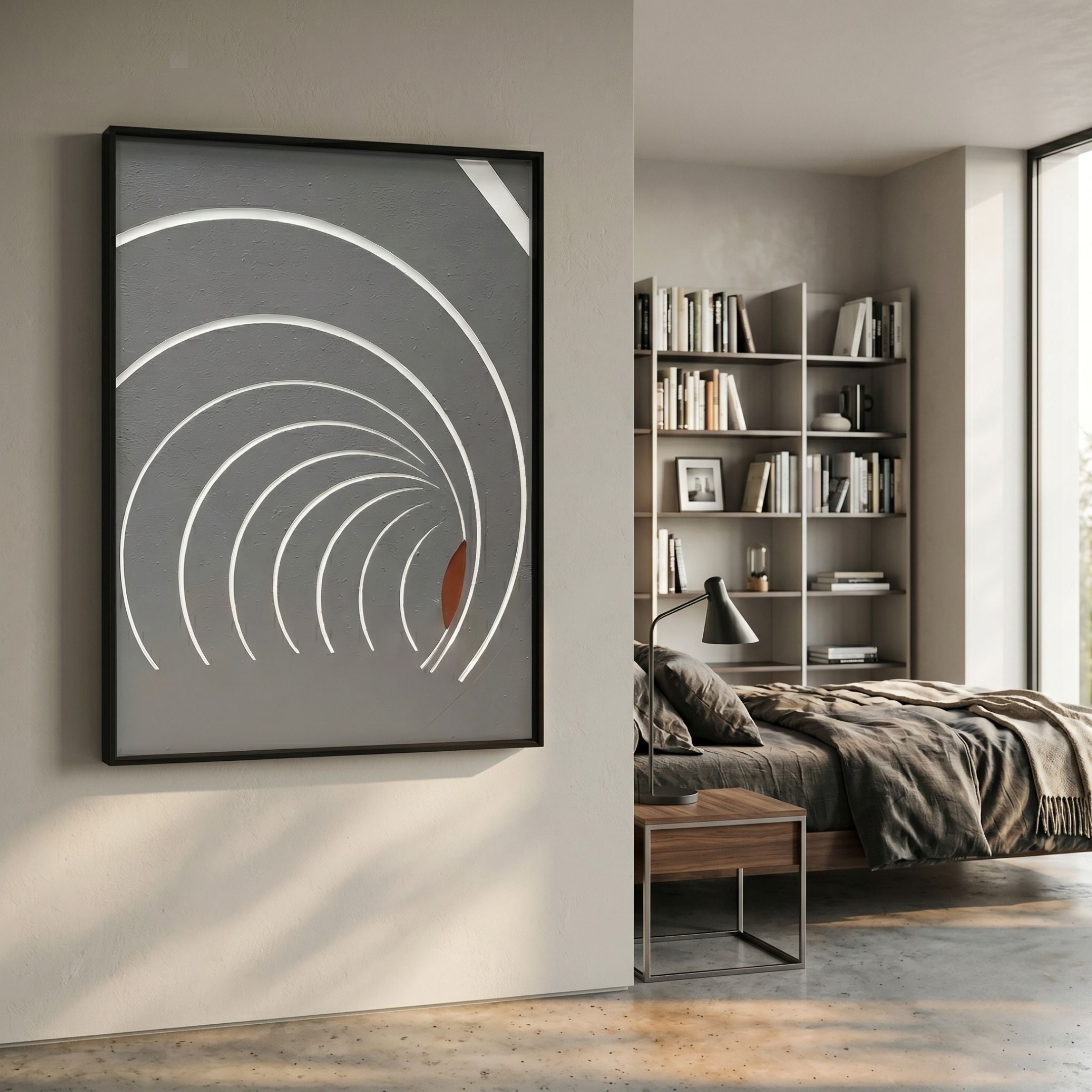 Kairo Radial Flow Grey 3D Carving Wall Art by Giant Sculptures displayed in a modern bedroom above a walnut nightstand, beside a linen-dressed bed and bookshelf.