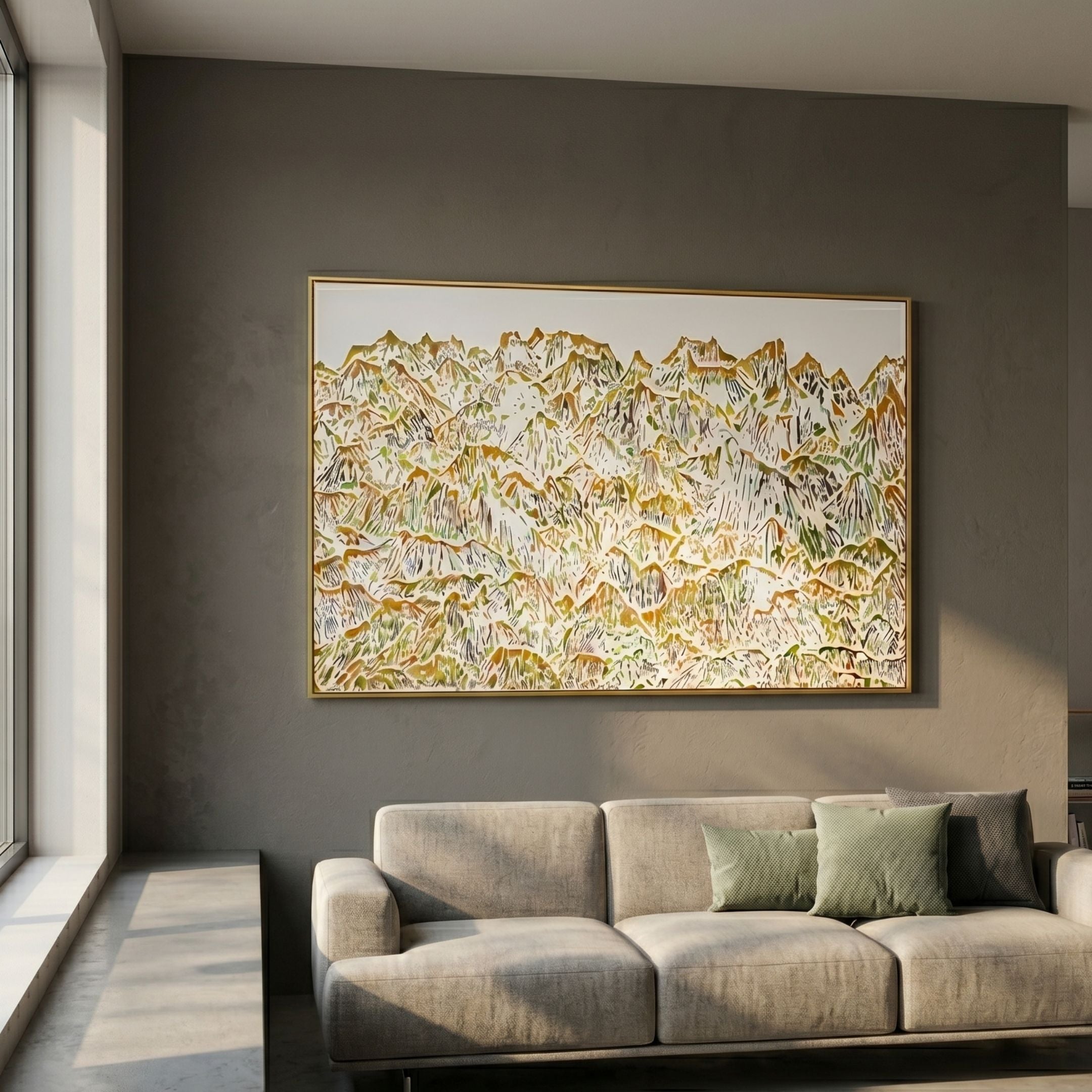 Orivetta Golden Ridge Relief 3D Wall Art by Giant Sculptures, a horizontal sandstone mountain panel with gilded peaks in a gold frame, above a beige sofa.