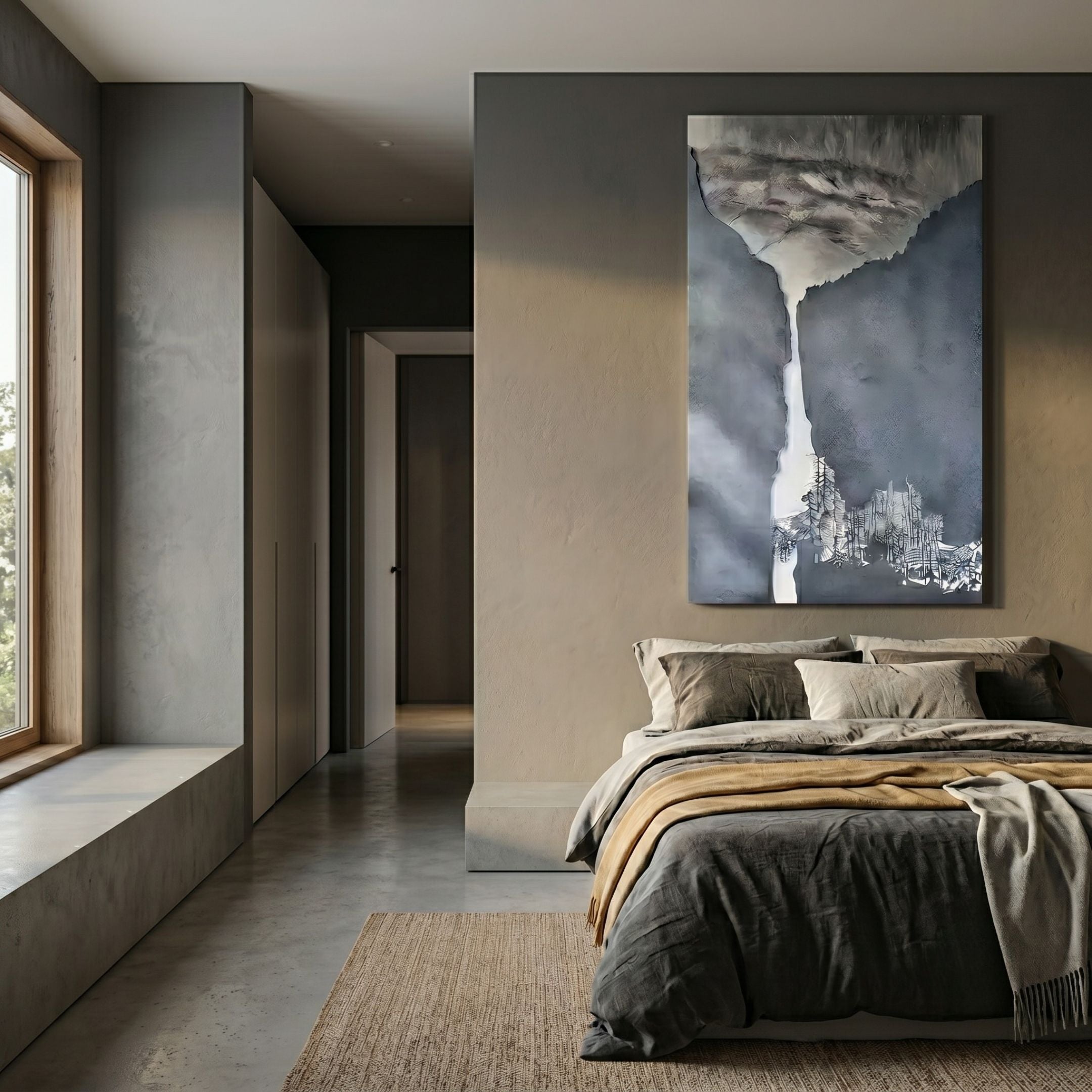 Virelai Slate Abstract Oil Painting 3D Wall Art by Giant Sculptures, depicting a grey-blue waterfall between dark cliffs, hung above a bed in a modern bedroom.