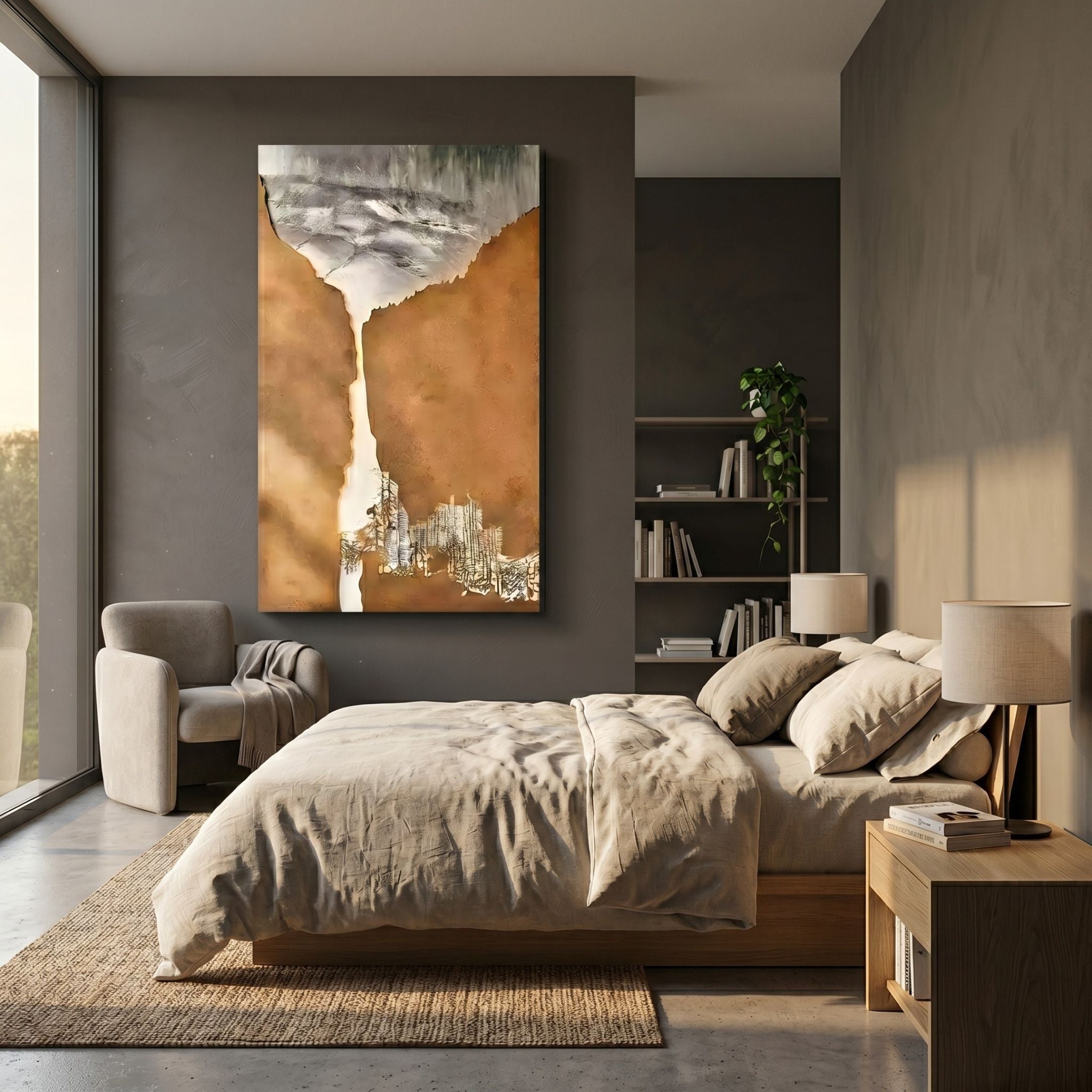 Virelai Ochre Abstract Oil Painting 3D Wall Art by Giant Sculptures displayed above a linen bed and beige armchair in a warm grey modern bedroom.
