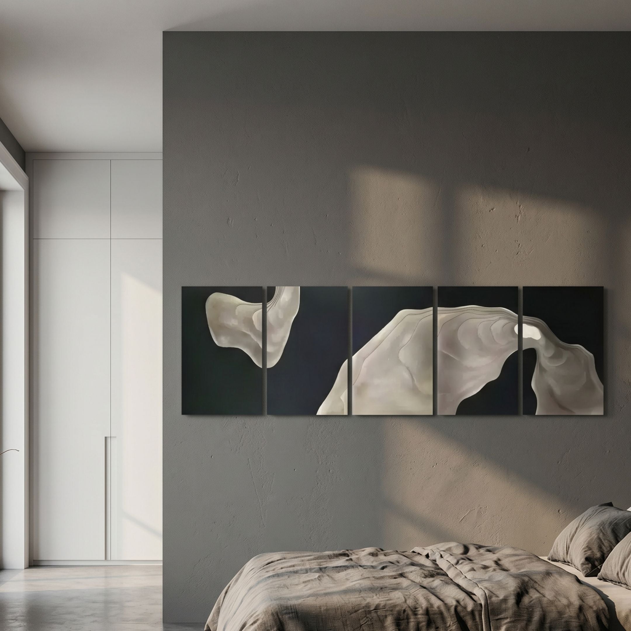 Alvarae 5-Panel Flowform Wood Carving 3D Wall Art by Giant Sculptures, hung horizontally above a linen-dressed bed on a grey bedroom feature wall.