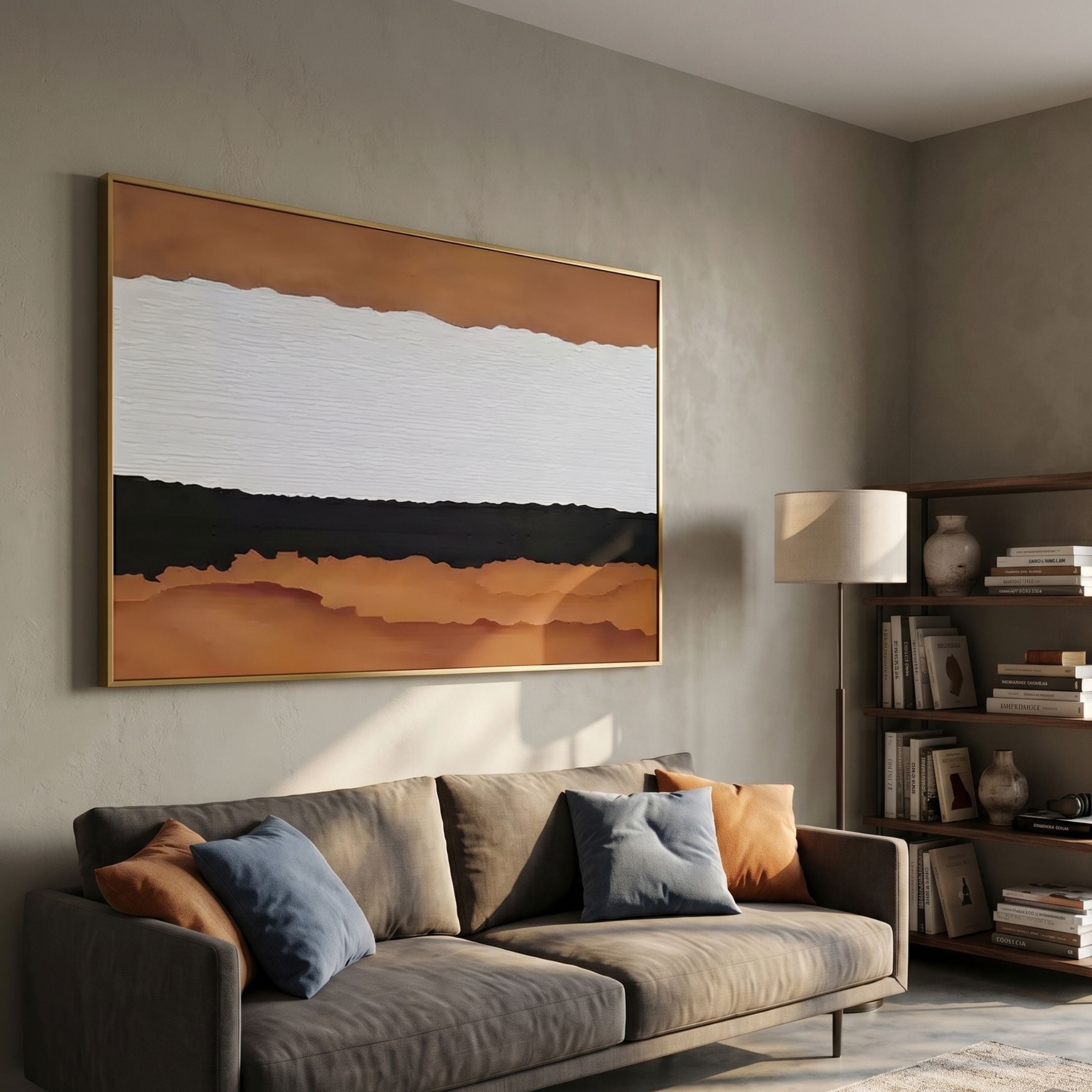 Stratisse Ochre Layered 3D Carving Wall Art by Giant Sculptures in a gold frame above a grey sofa with blue and ochre cushions beside a bookshelf.