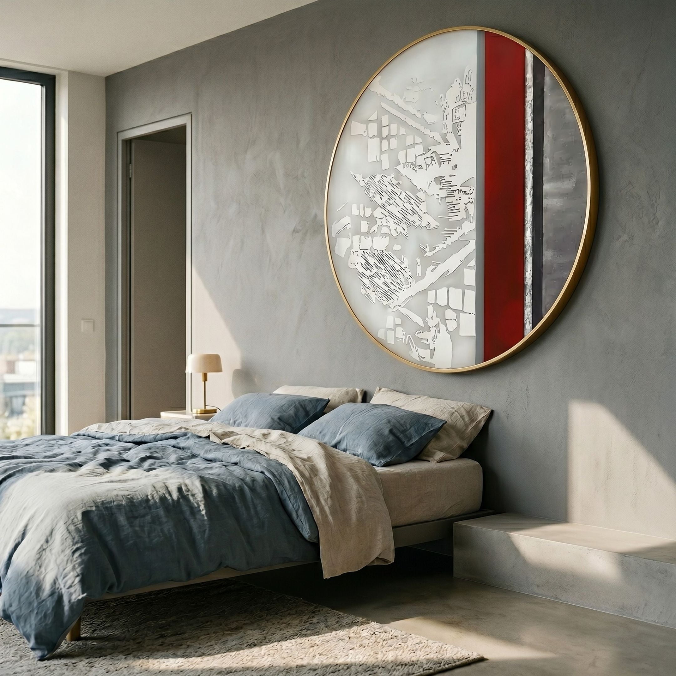Orizon Urban Trace Round 3D Carving Wall Art by Giant Sculptures mounted above a bed with blue linen bedding in a sunlit grey concrete bedroom.