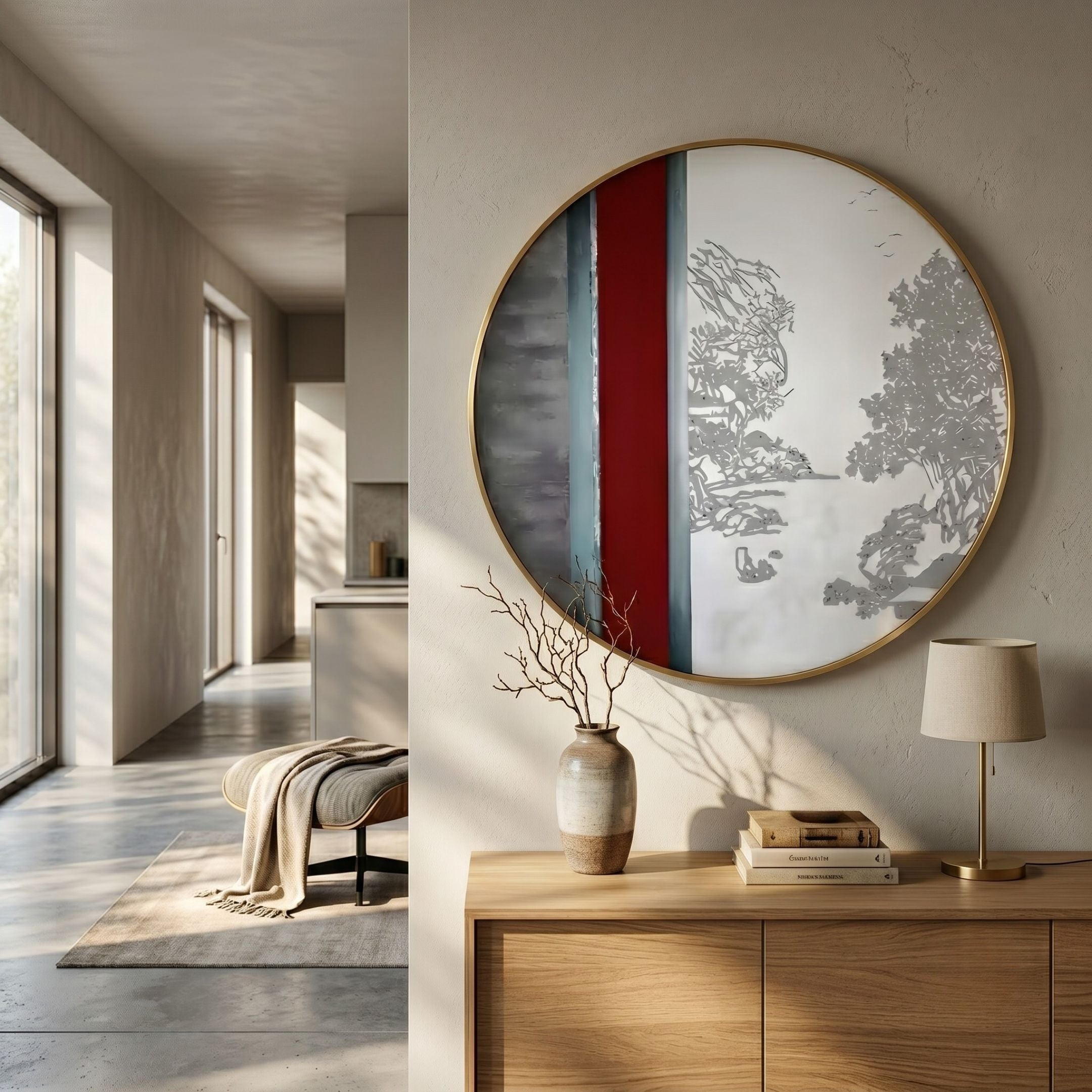 Orizon Crimson Horizon Round 3D Carving Wall Art by Giant Sculptures displayed above a wooden console with vase and lamp, beside a sunlit hallway.