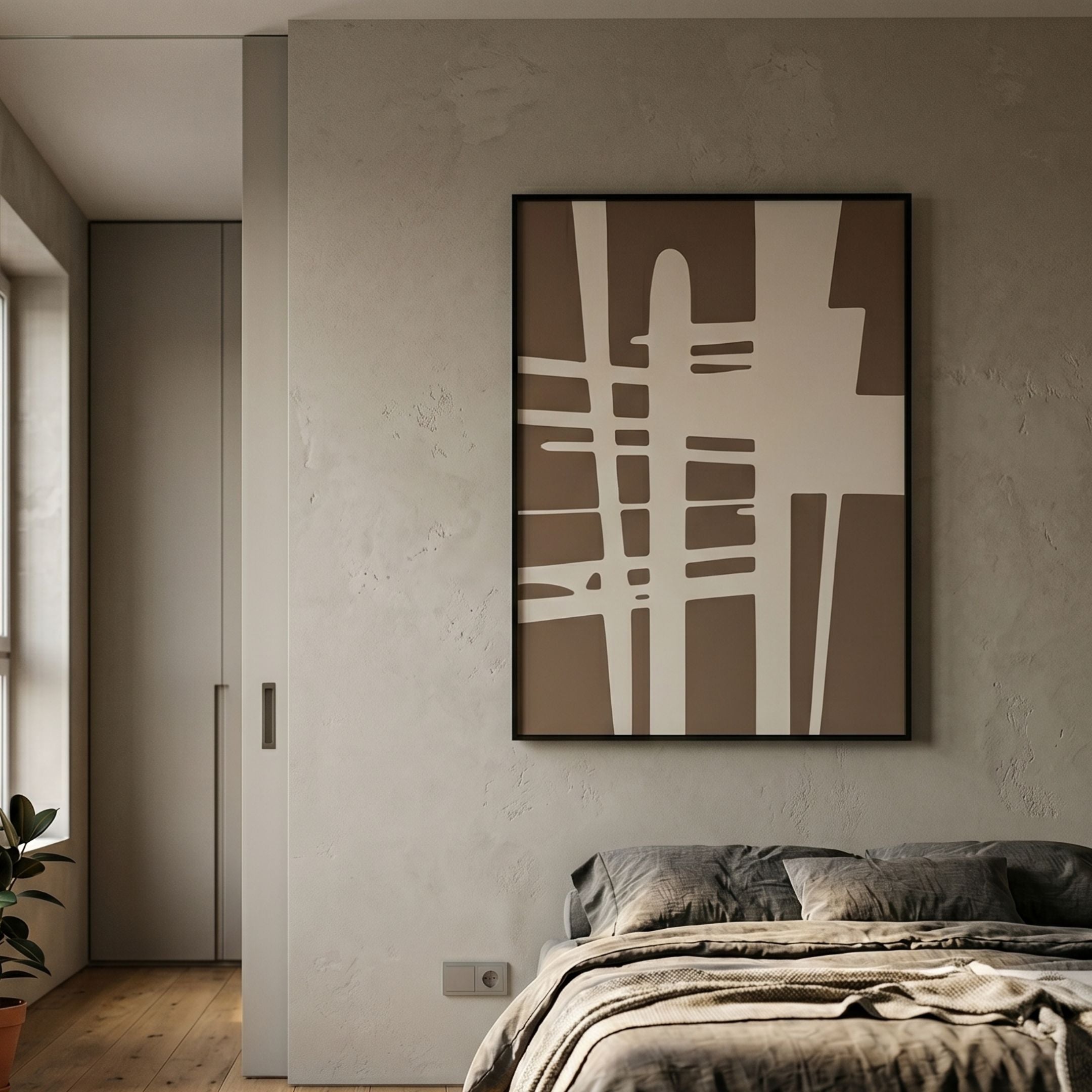 Deralin Mocha Grid Abstract 3D Carving Wall Art in a black frame, mounted on a textured grey bedroom wall above a linen-dressed bed.