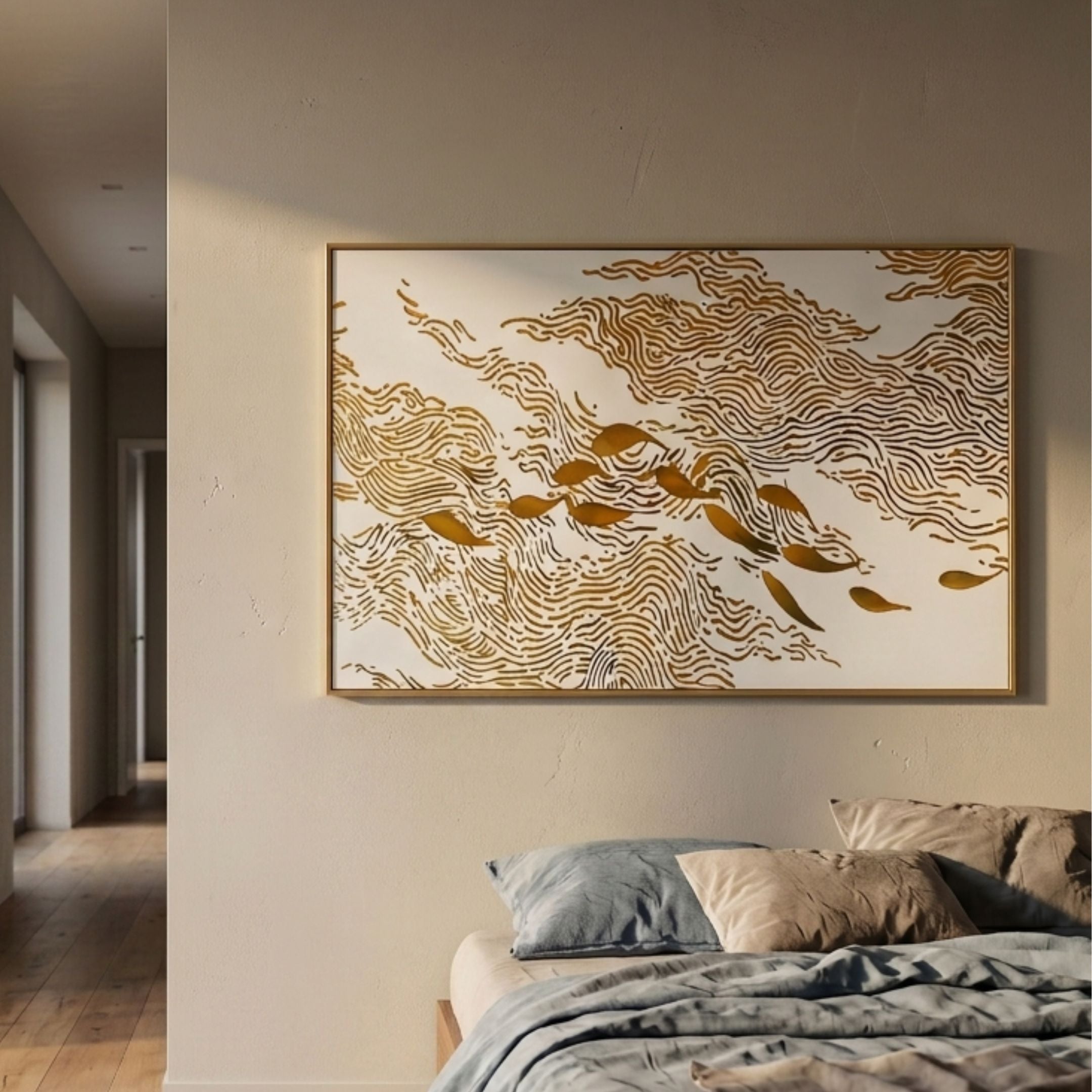 Aurevo Golden Koi School Textured 3D Wall Art by Giant Sculptures, gold koi swimming through carved white wave relief, mounted above a bed with blue linens.
