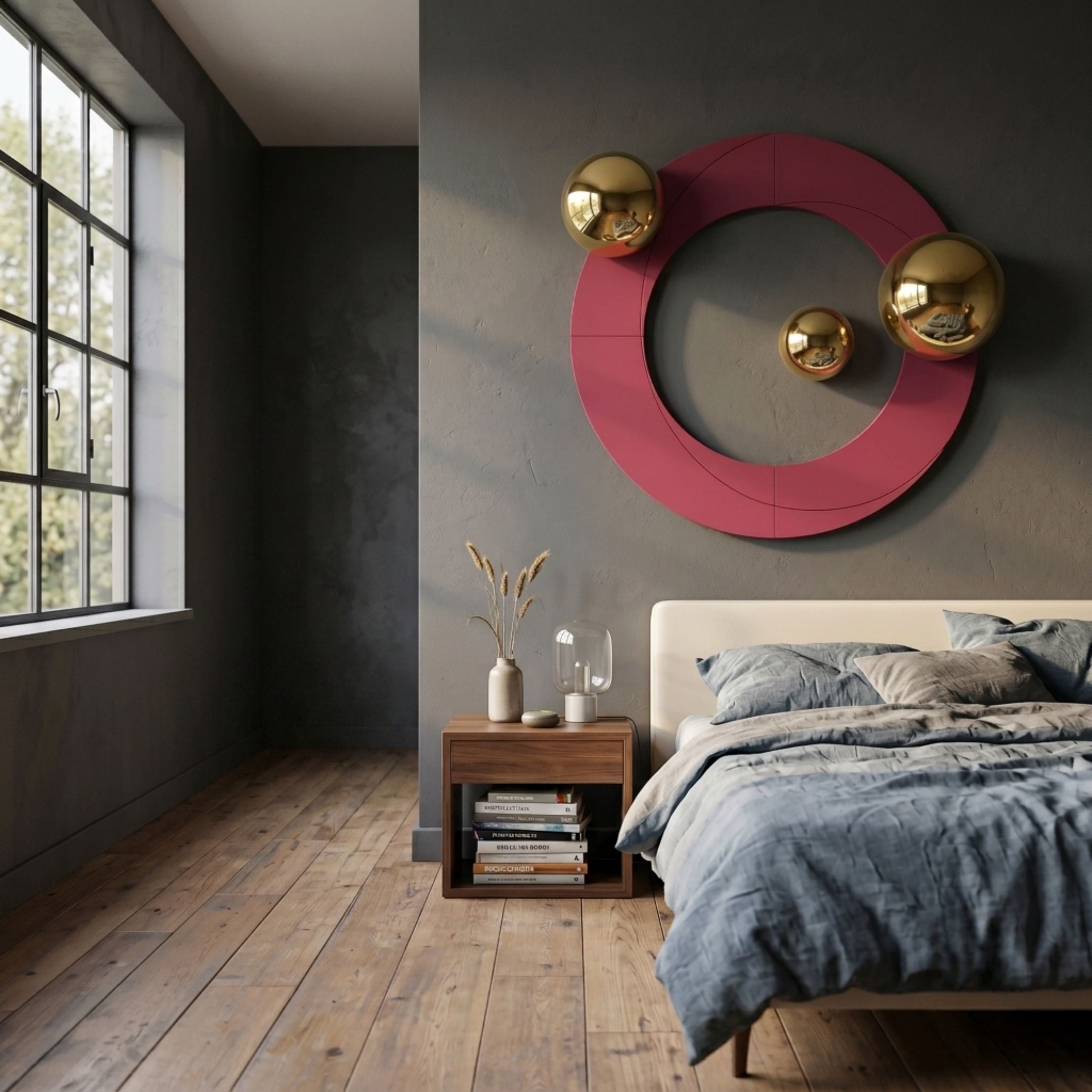 Celestara Red Round 3D Wall Art by Giant Sculptures displayed in a modern bedroom with grey walls, wooden floors, a walnut nightstand, and linen-dressed bed.