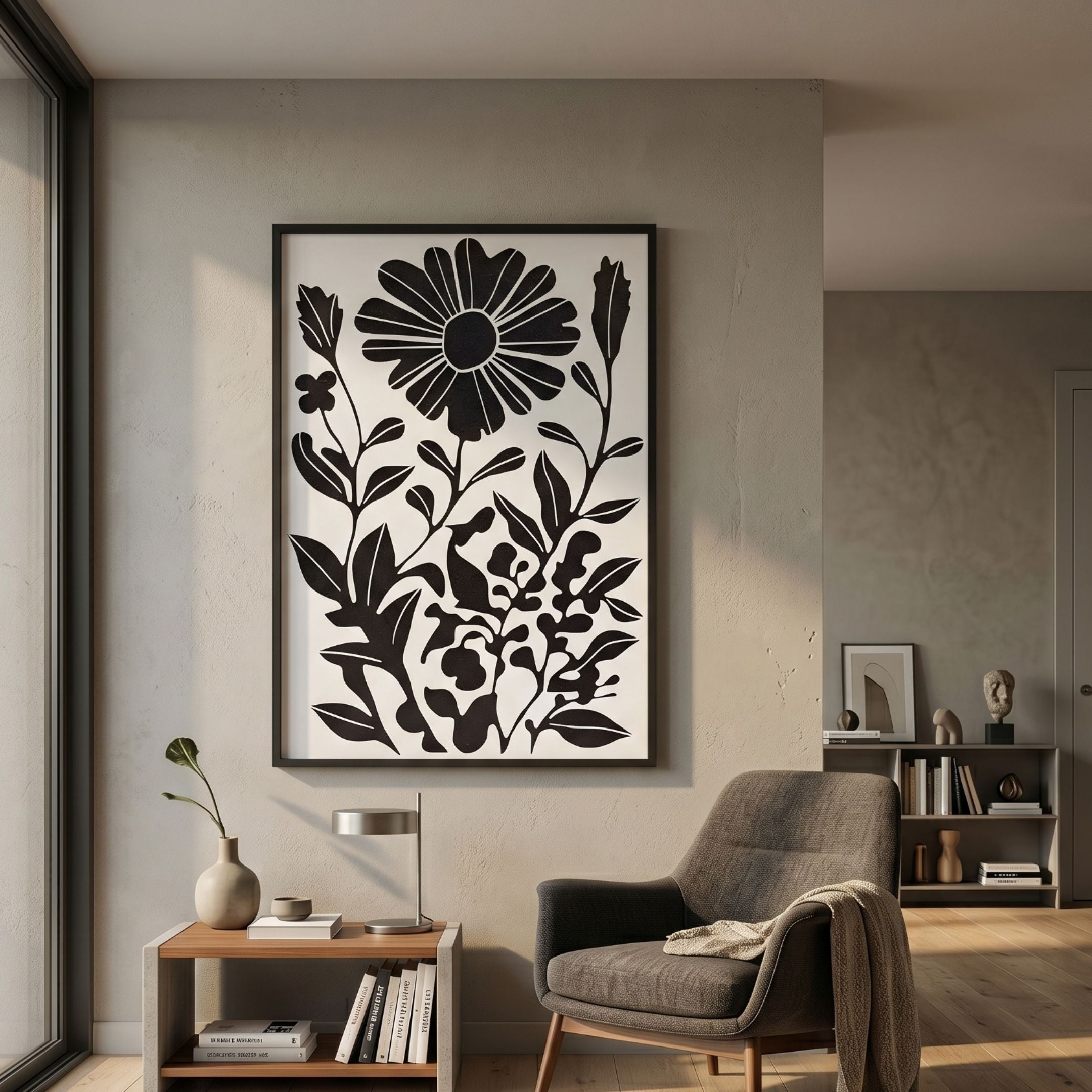 Florentia II Black & White Wood Carving 3D Wall Art by Giant Sculptures displayed above a console in a neutral living room beside a grey armchair.