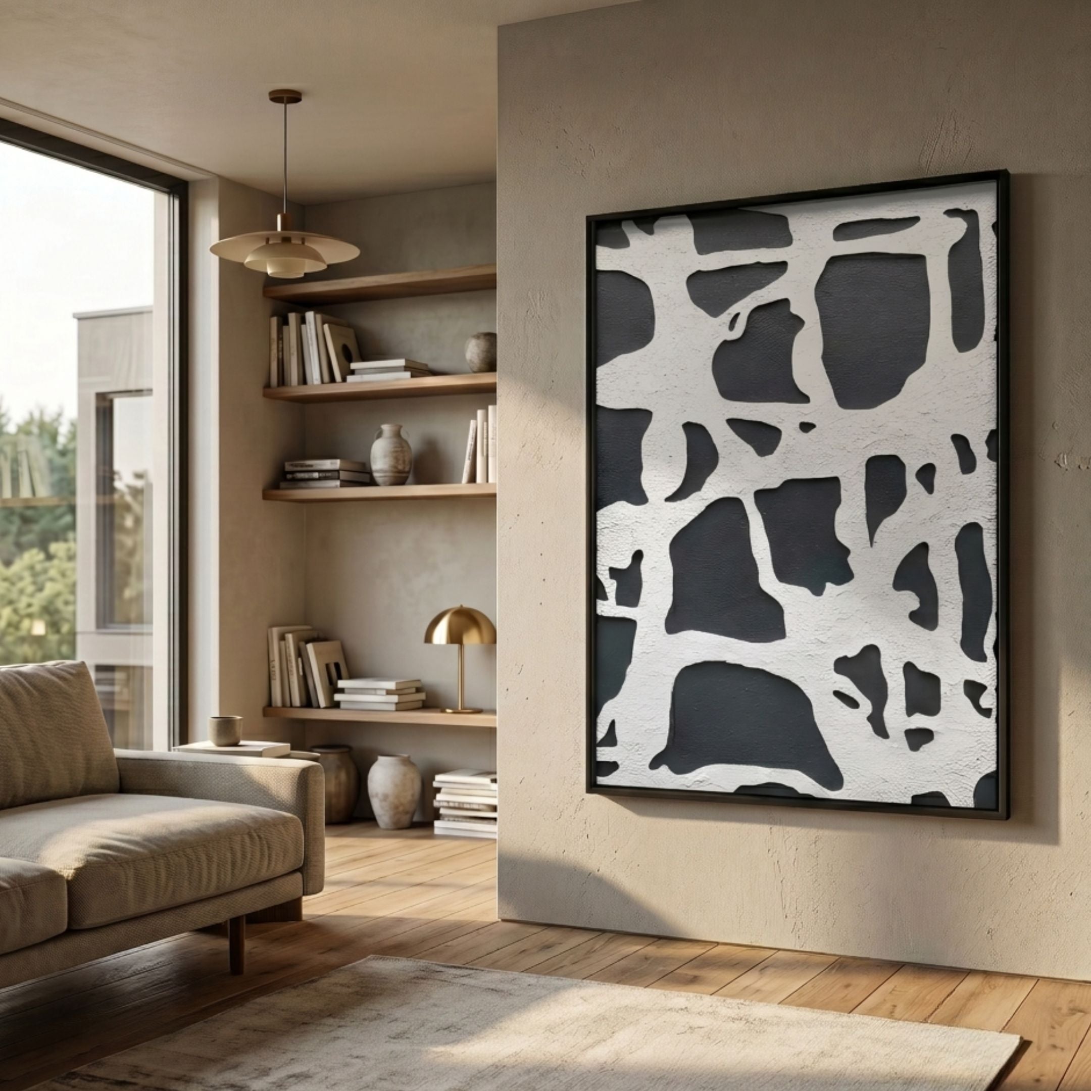 Drosan Midnight Trace III Wood Carving 3D Wall Art by Giant Sculptures displayed on a beige wall in a modern living room with shelves and a sofa.