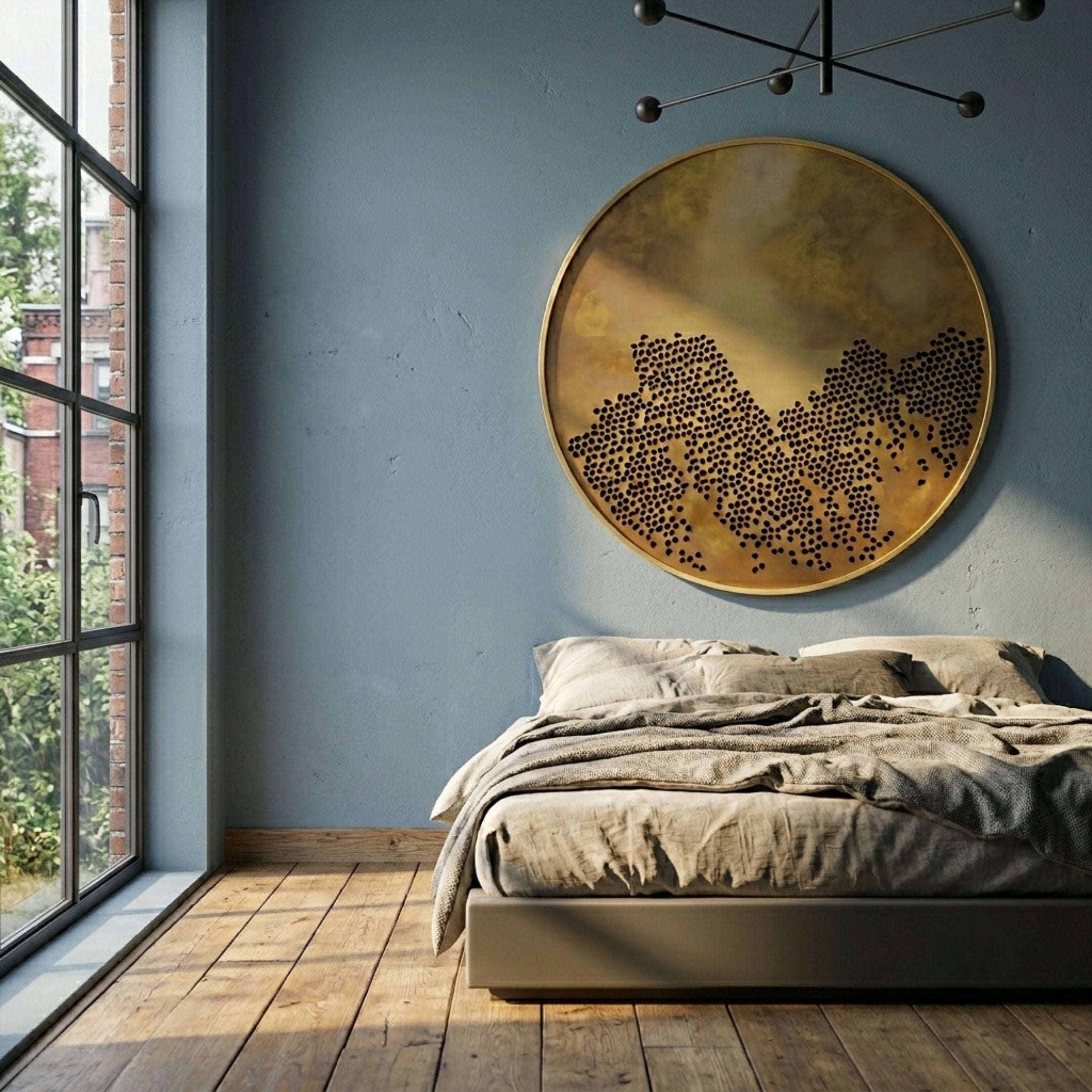 Meliora Golden Honeycomb Round Textured 3D Wall Art by Giant Sculptures mounted above a linen-dressed bed in a blue-walled loft bedroom with timber floors.