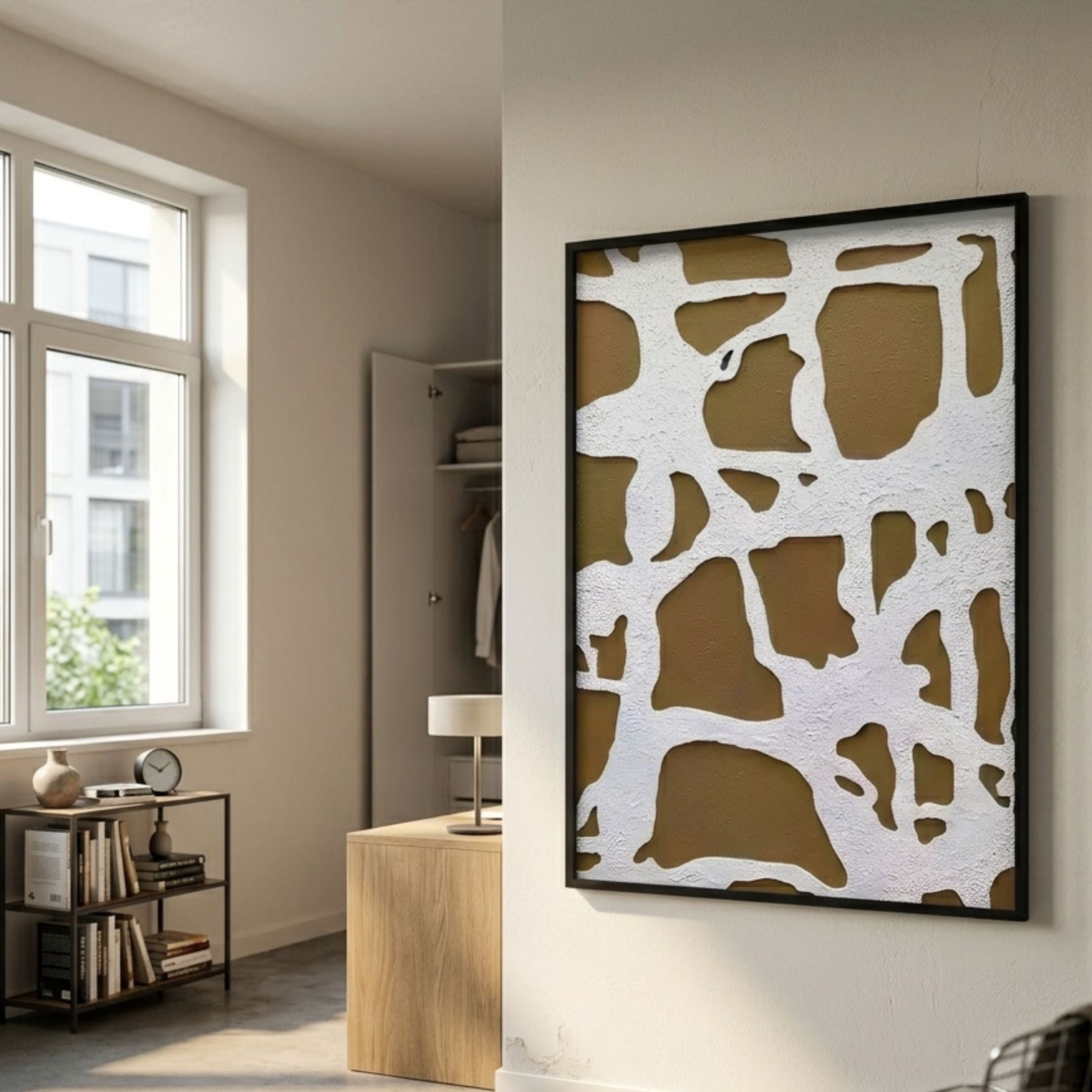 Drosan Bark Trace III Wood Carving 3D Wall Art with white organic relief forms on textured brown bark, displayed in a sunlit modern hallway interior.