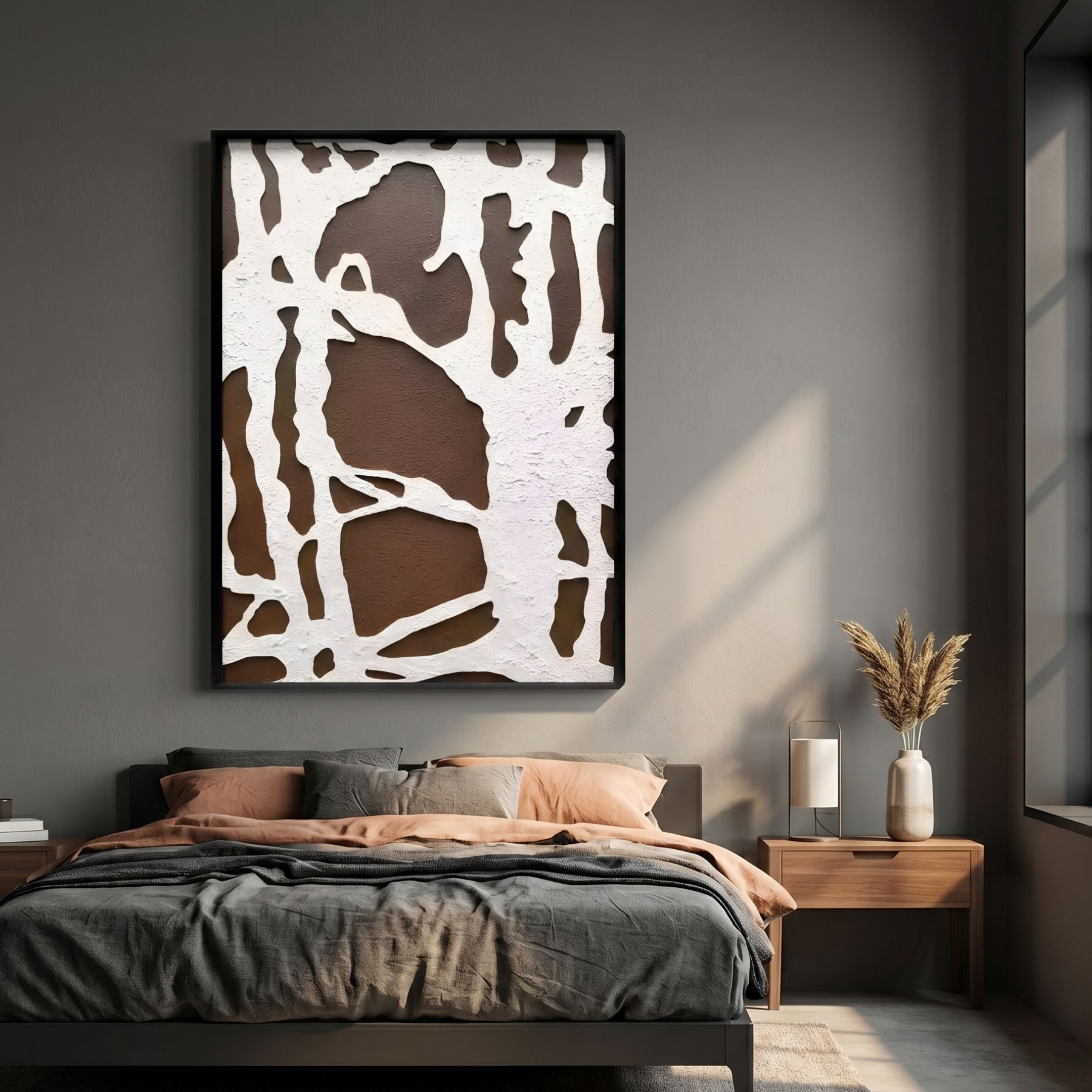 Drosan Earth Trace I Wood Carving 3D Wall Art with white organic linework on brown, framed in black above a bed with grey and peach linens.