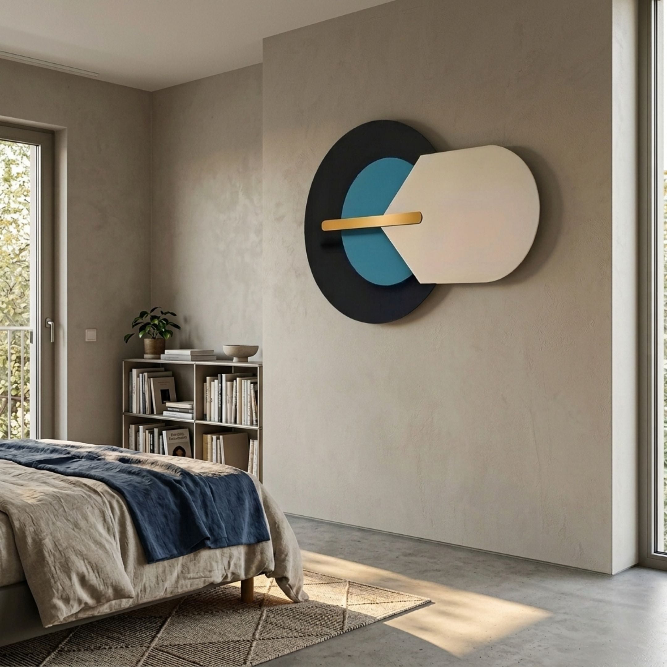 Orbitale Cream & Blue Round Wood Carving 3D Wall Art by Giant Sculptures displayed on a beige bedroom wall above a bookshelf beside a linen bed.