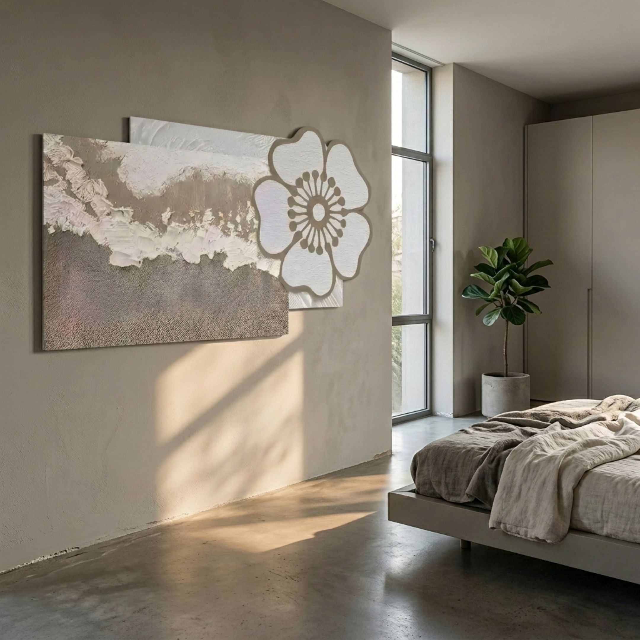 Bloomark Mist Floral Abstract Texture 3D Wall Art by Giant Sculptures, raised white bloom over sandstone-toned panels, mounted in a sunlit minimalist bedroom.