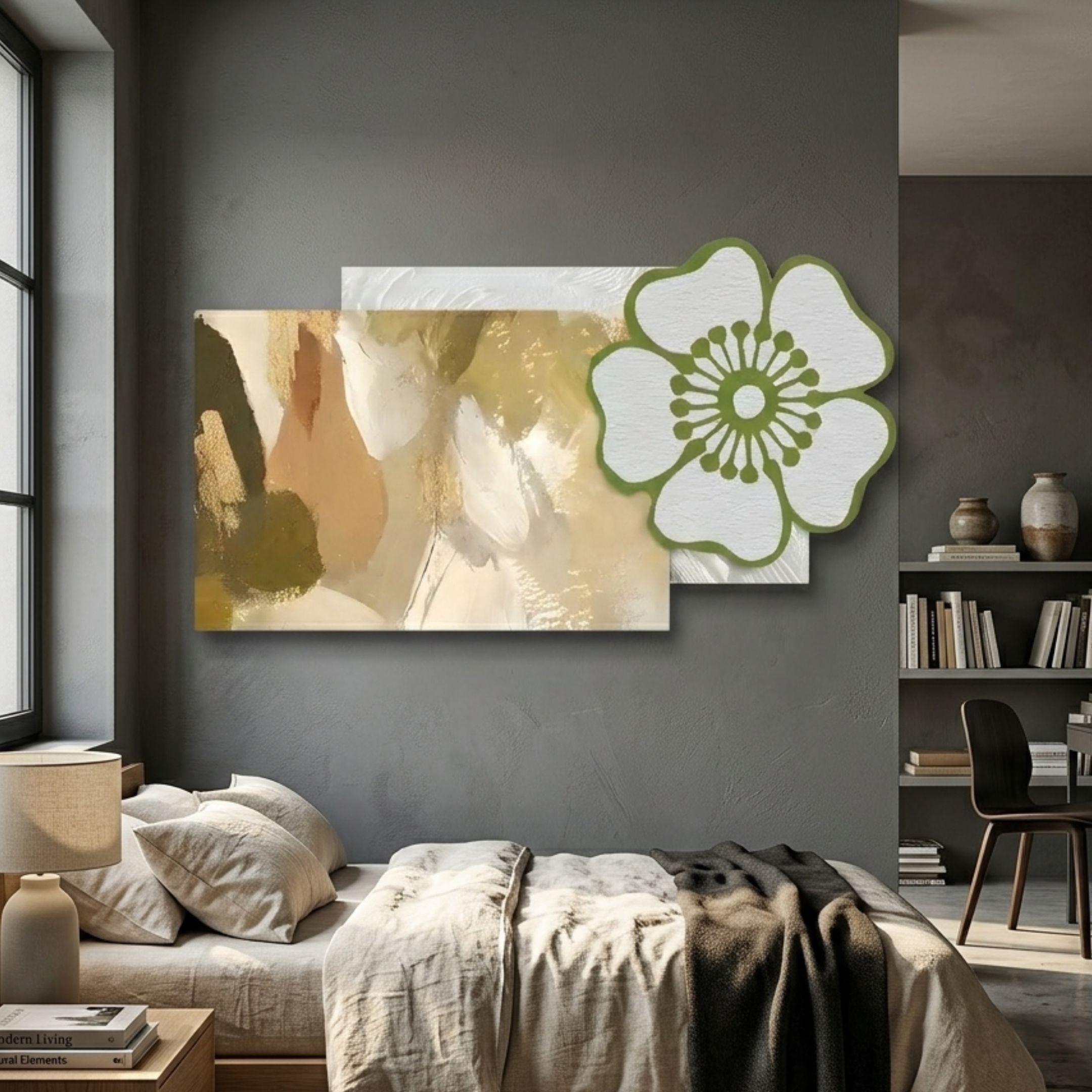 Bloomark Sandstone Floral Abstract Texture 3D Wall Art with beige, gold and green tones above a linen bed in a grey-walled bedroom with bookshelf.