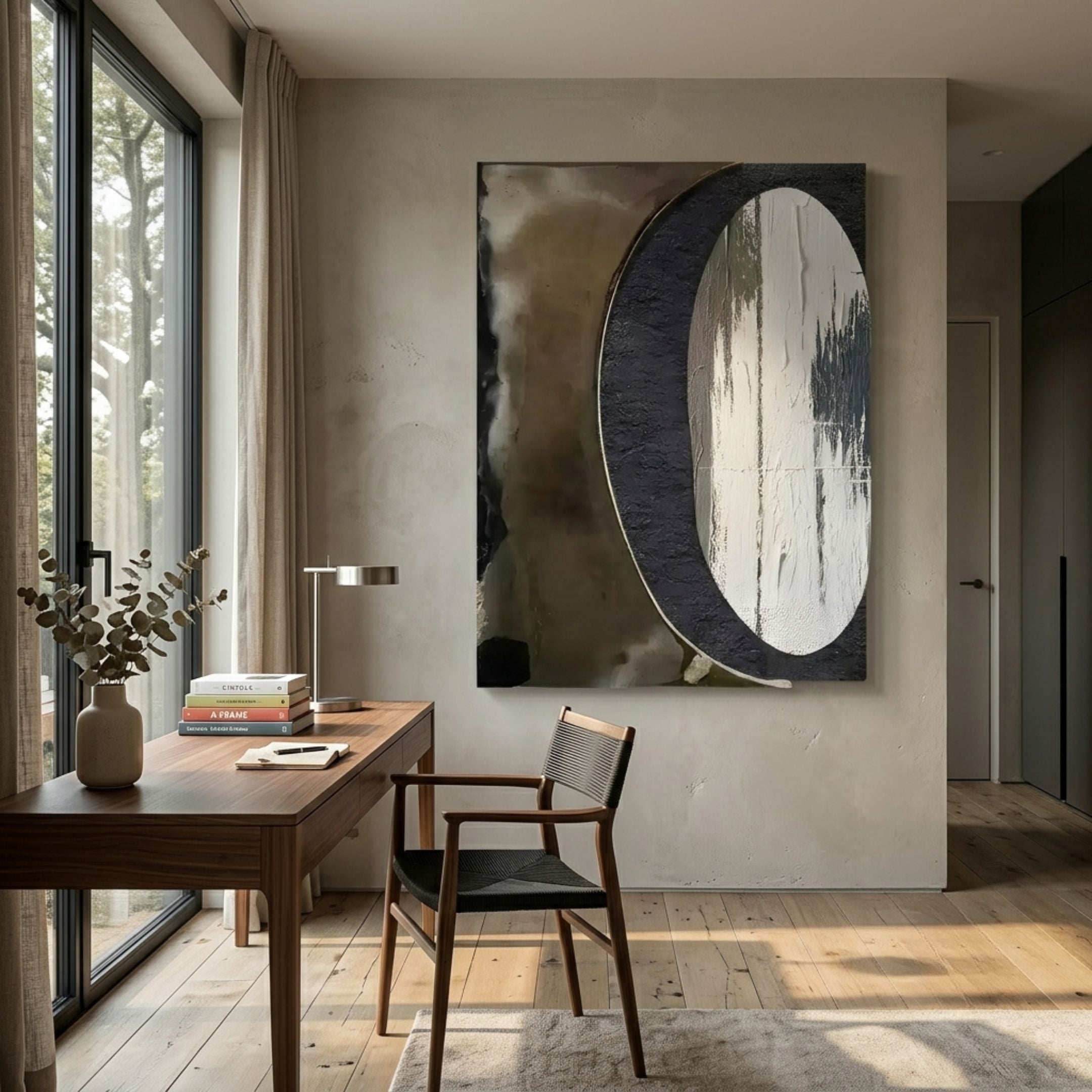Tectra Divide Smoke & Chalk textured oil painting by Giant Sculptures hangs above a walnut desk and chair in a modern home office with floor-to-ceiling window.