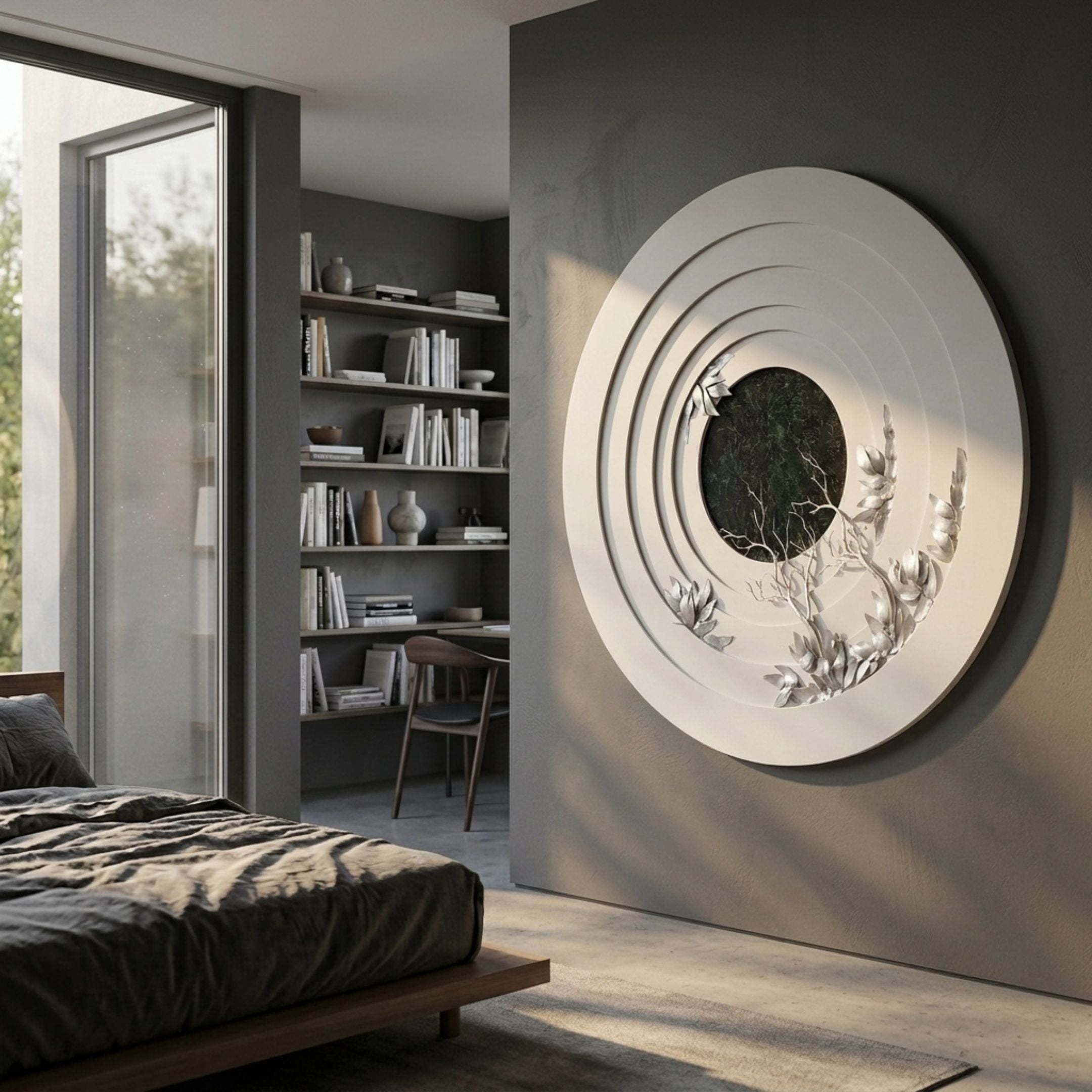 Aethera Silver Leaves Round Wood Carving 3D Wall Art by Giant Sculptures mounted on a grey bedroom wall beside a window, bed, and study nook with shelves.