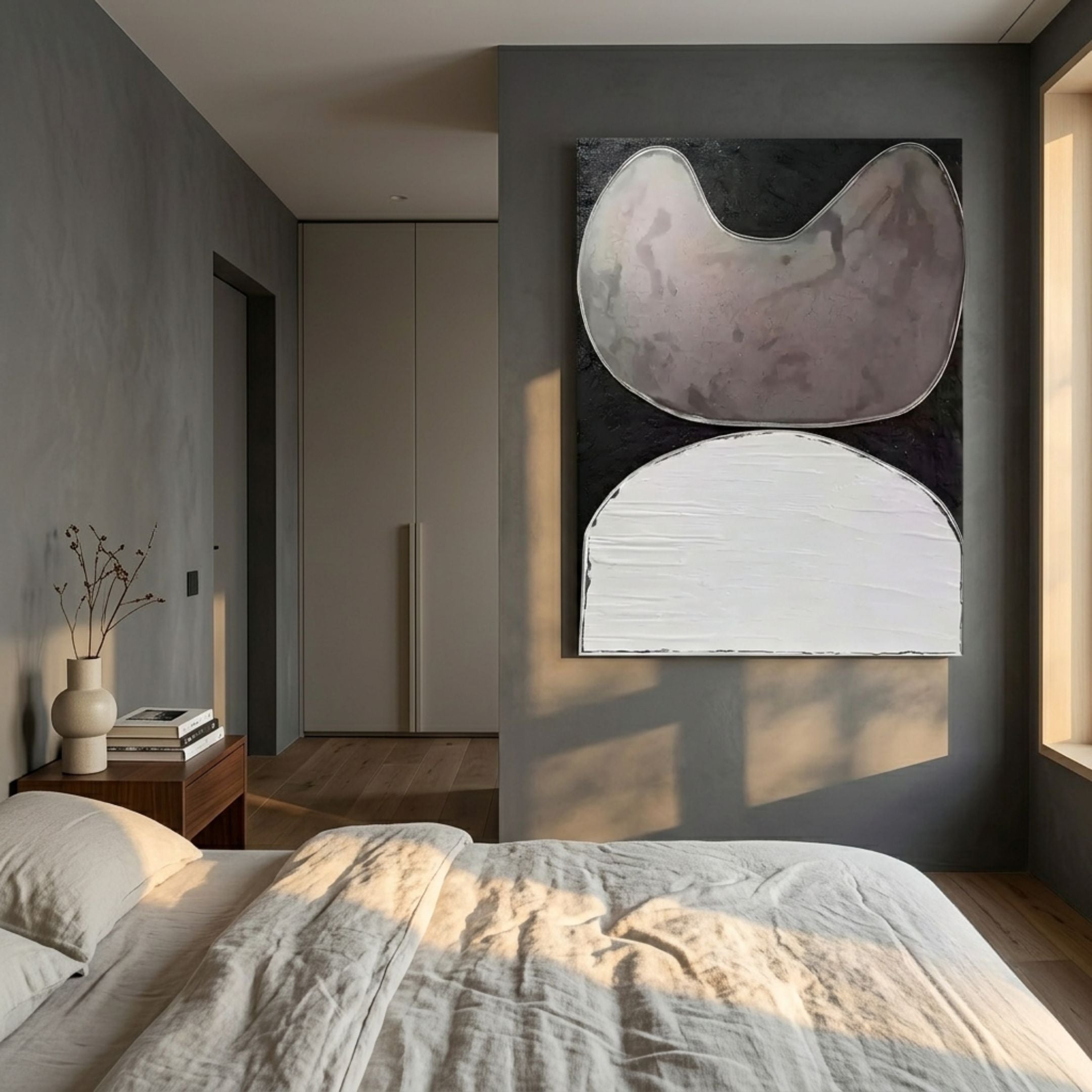 Tectra Crest Mocha & White Textured Oil Painting 3D Wall Art with crackled mocha crest above a white impasto arch on black, displayed in a grey bedroom.