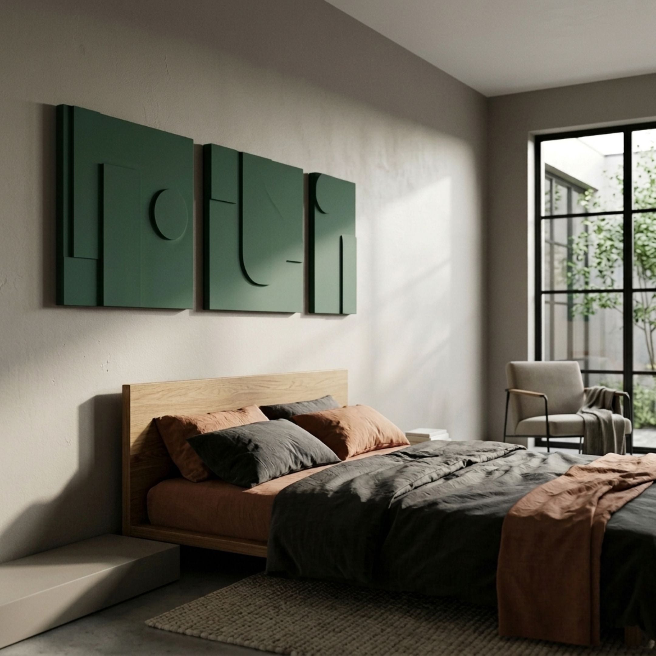 Moro III Triptych Deep Teal Relief 3D Wall Art by Giant Sculptures displayed above a wooden bed with rust and grey linens in a modern bedroom.
