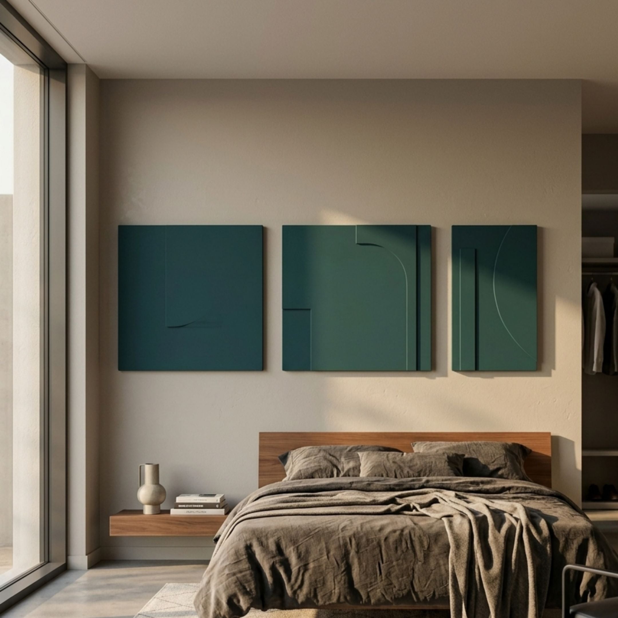 Moro II Triptych Deep Teal Relief 3D Wall Art by Giant Sculptures displayed above a wood-headboard bed with linen bedding in a modern bedroom.