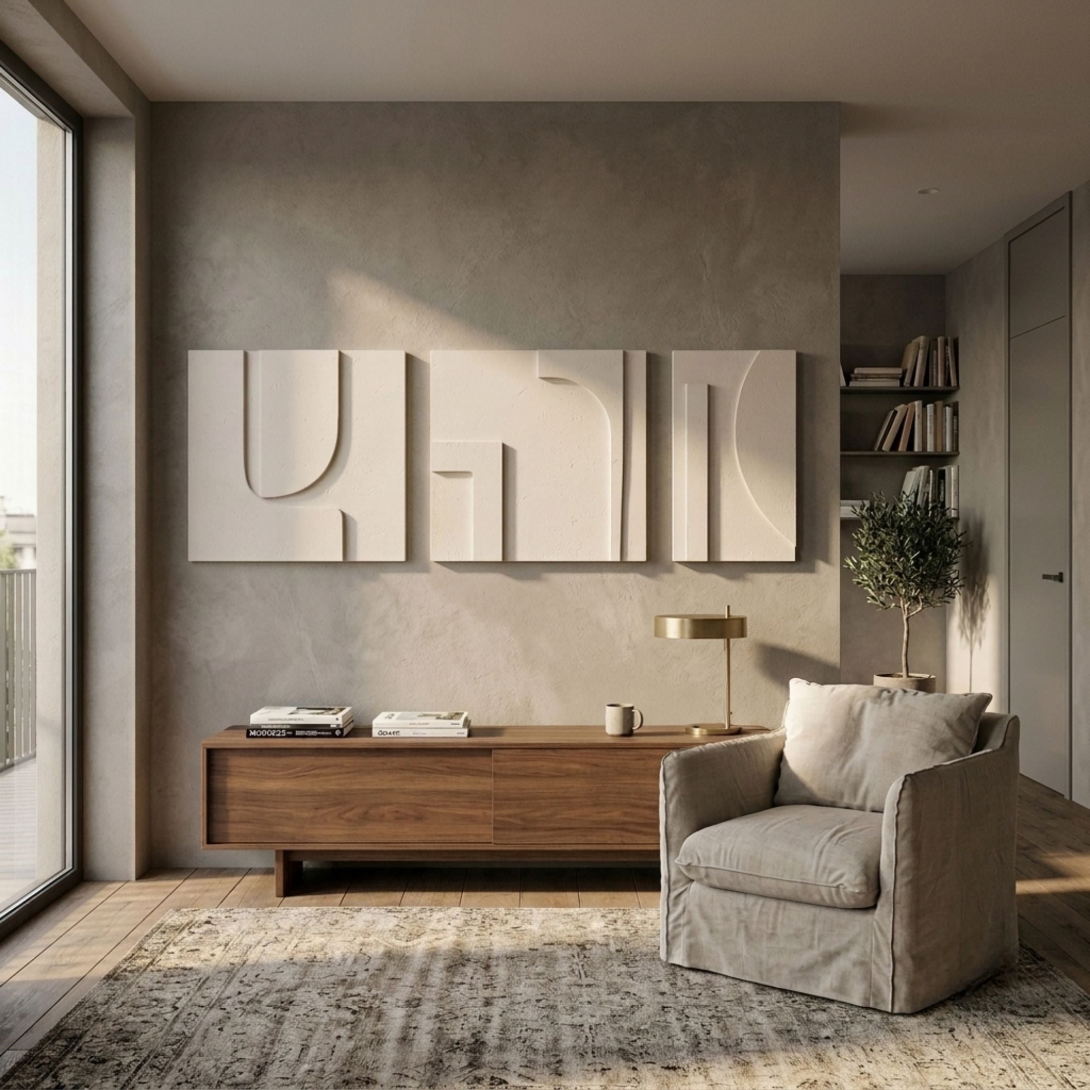 Moro II Triptych Sandstone Relief 3D Wall Art by Giant Sculptures mounted above a walnut console in a neutral living room with a linen armchair and olive tree.