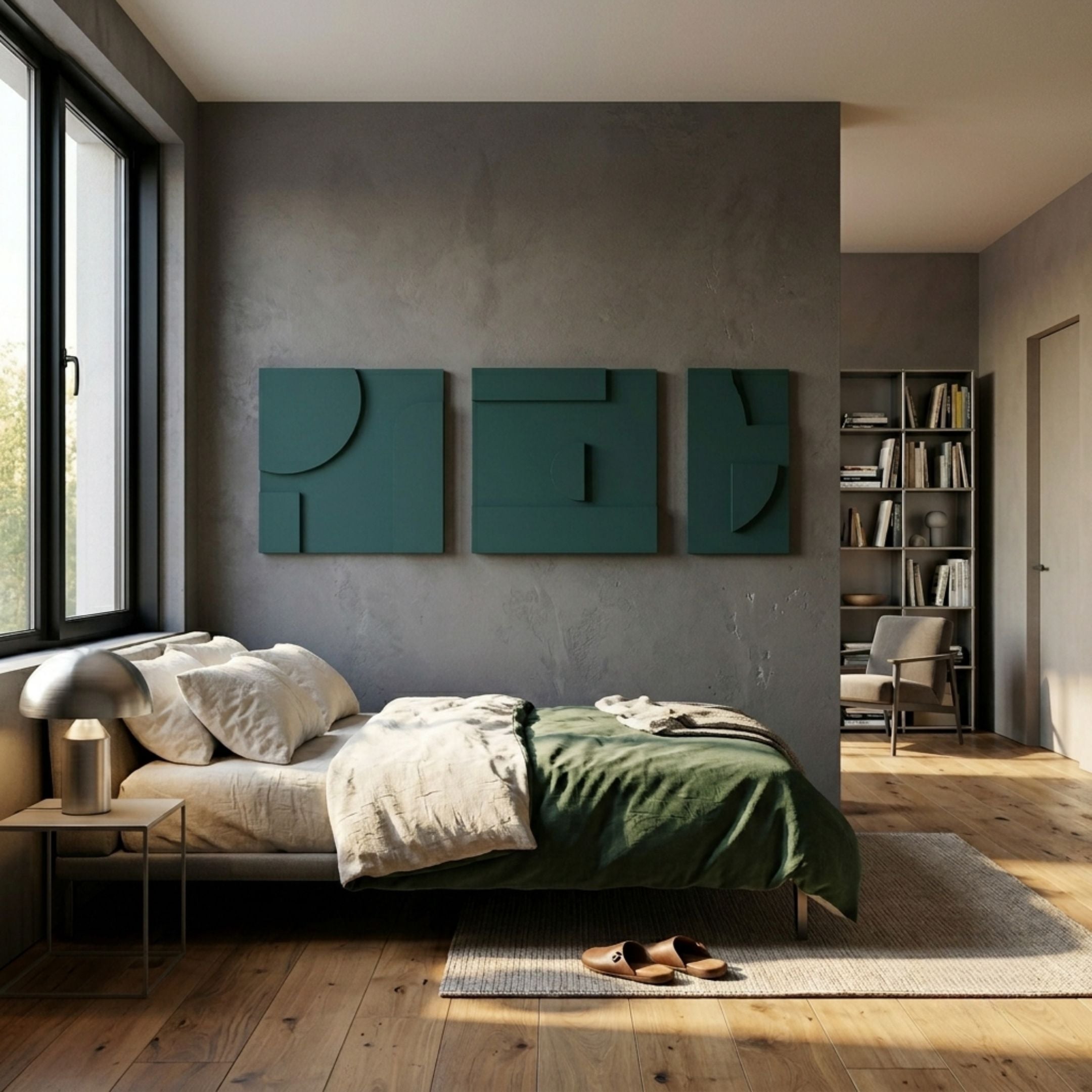 Moro I Triptych Deep Teal Relief 3D Wall Art by Giant Sculptures, three matte teal sandstone panels with geometric arcs and bars, mounted above a bed in a grey bedroom.