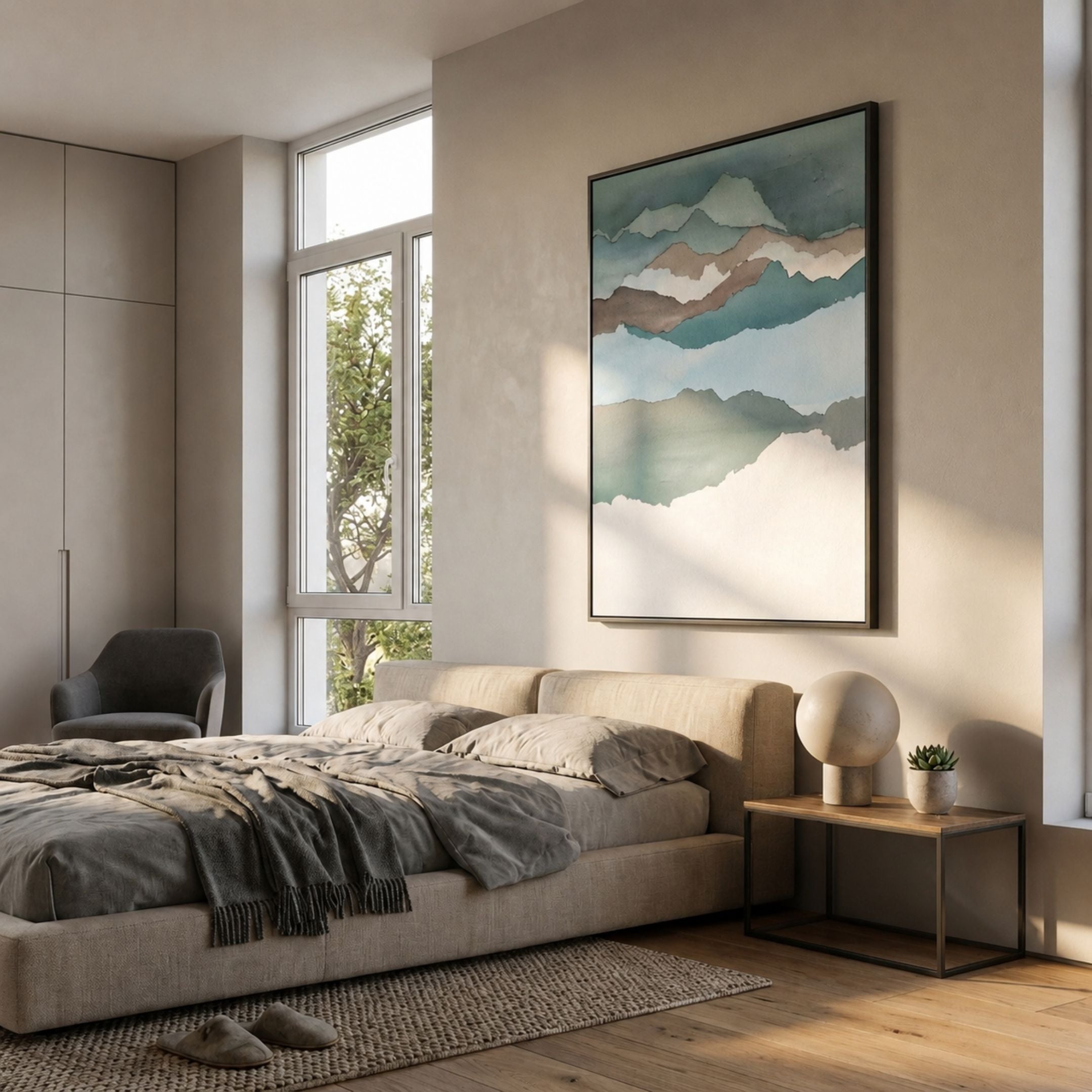 Skymelt Blue Hand-Painted Sandstone 3D Wall Art displayed above a low beige bed in a sunlit modern bedroom with a grey armchair and wooden side table.