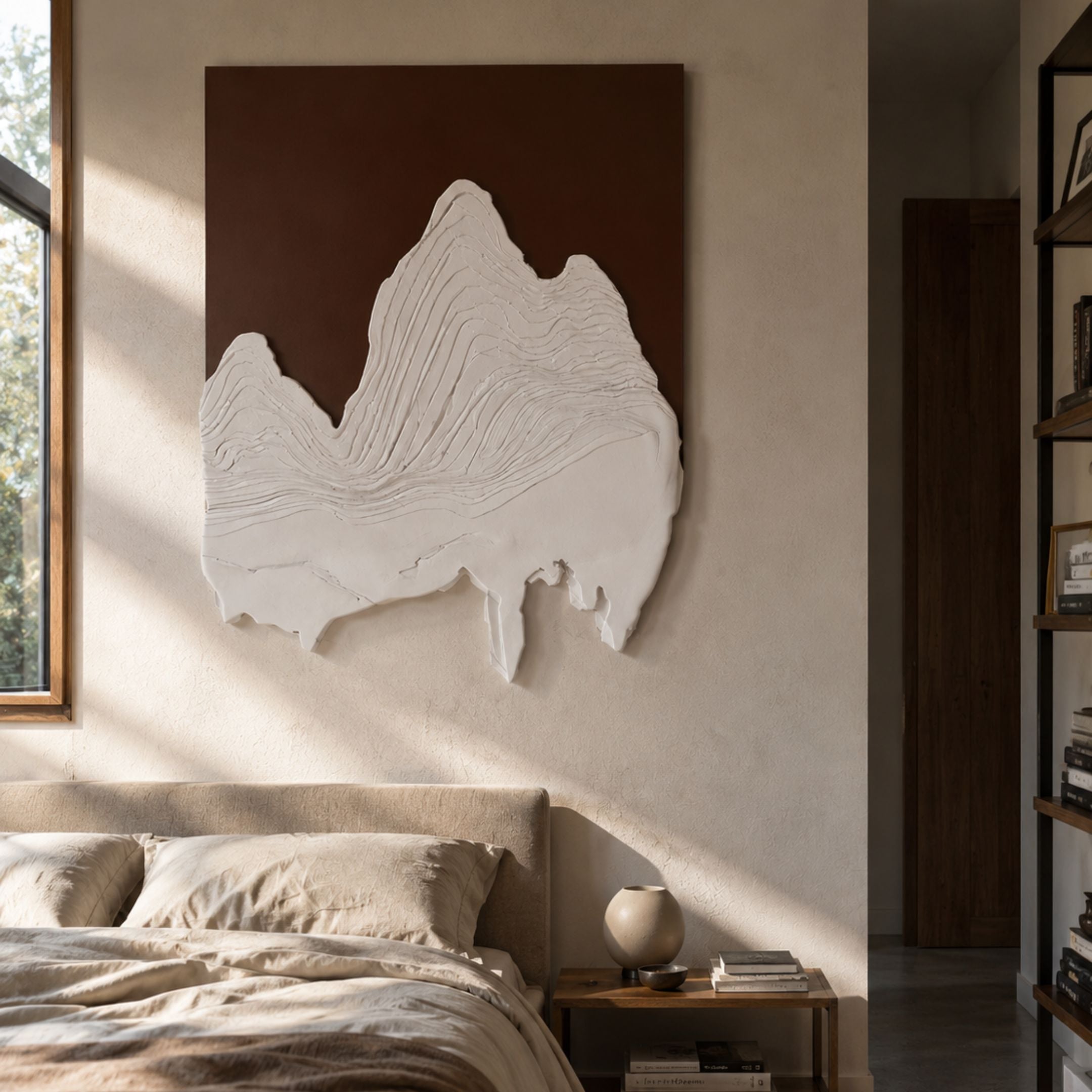 Riftline Peakcut Brown Wood Carving 3D Wall Art by Giant Sculptures, with white layered peaks on a brown panel, mounted above a linen-dressed bed.