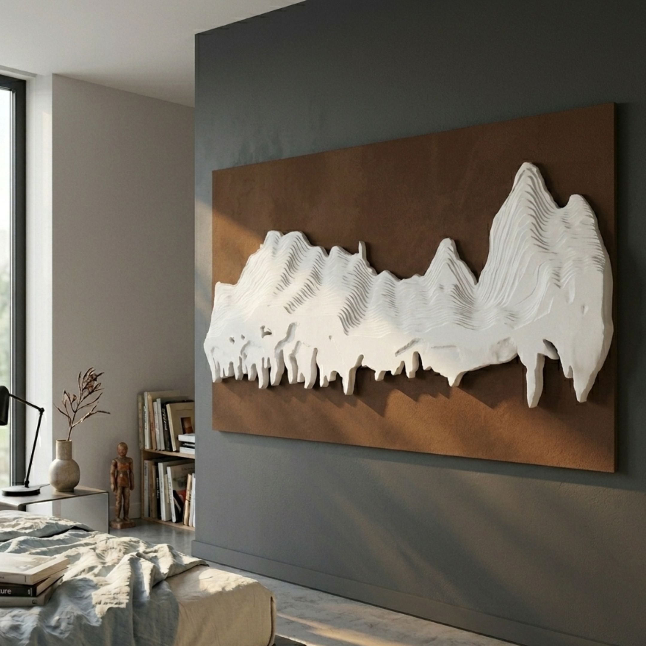 Riftline Panorama Brown Wood Carving 3D Wall Art by Giant Sculptures, white layered mountain relief on brown panel, mounted above a bedroom shelf.