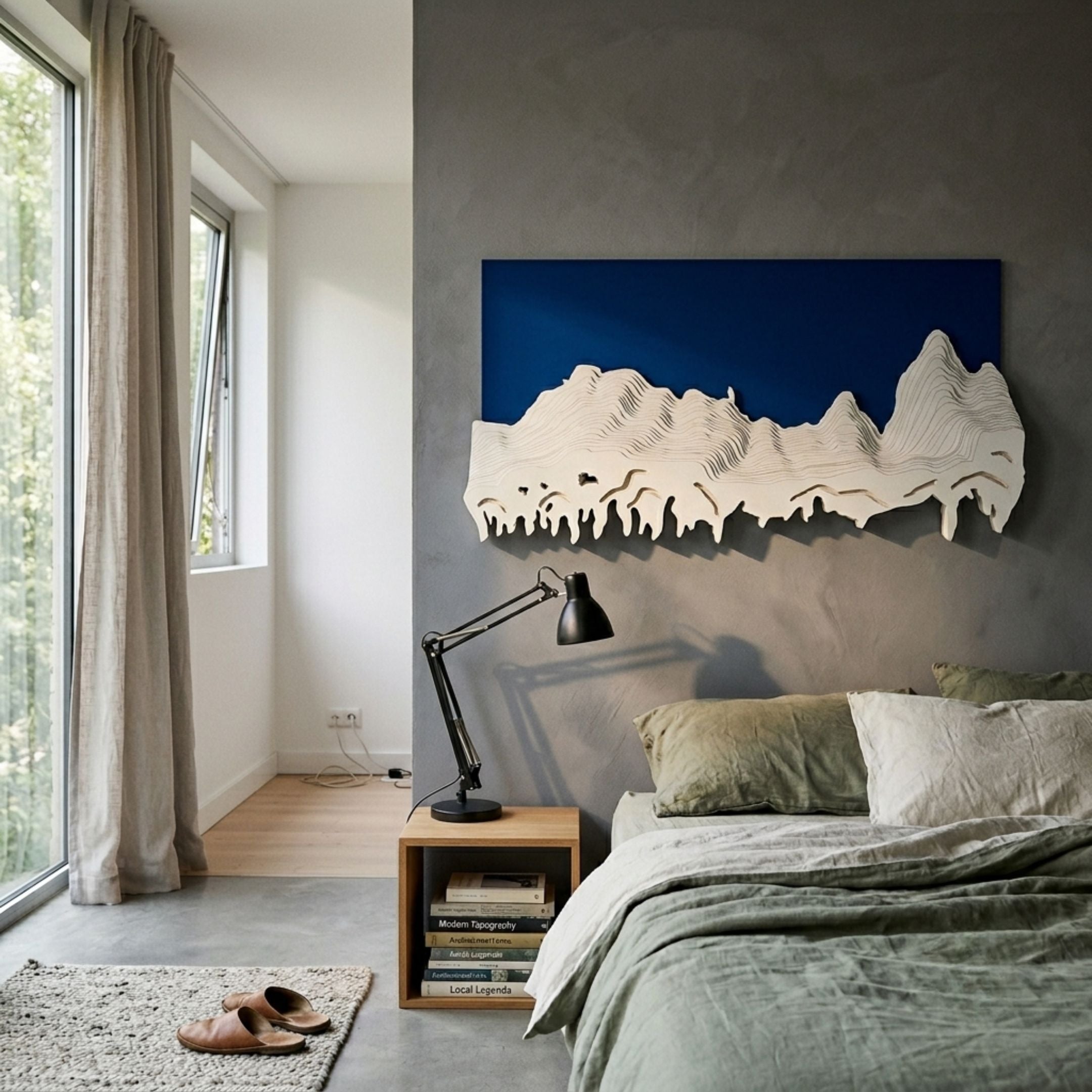 Riftline Ridgecut Blue Wood Carving 3D Wall Art by Giant Sculptures mounted above a bed with green linen, black task lamp, and oak nightstand.
