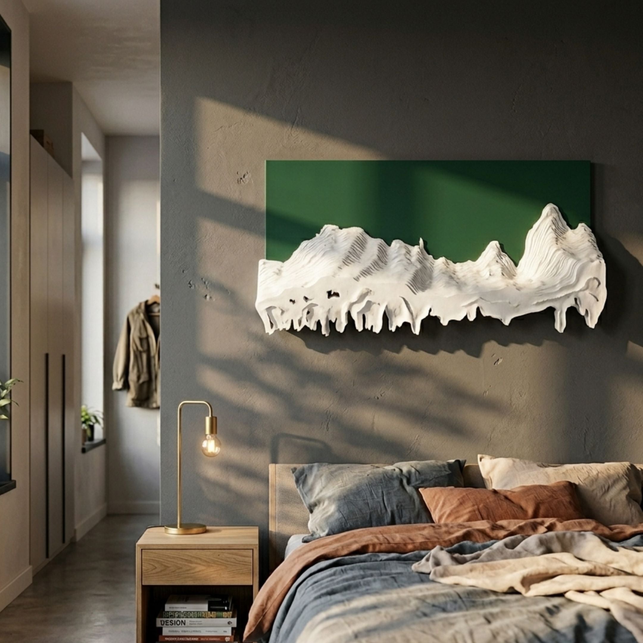 Riftline Ridgecut Green Wood Carving 3D Wall Art by Giant Sculptures, white carved ridgeline on green panel, mounted above a bed with brass lamp.
