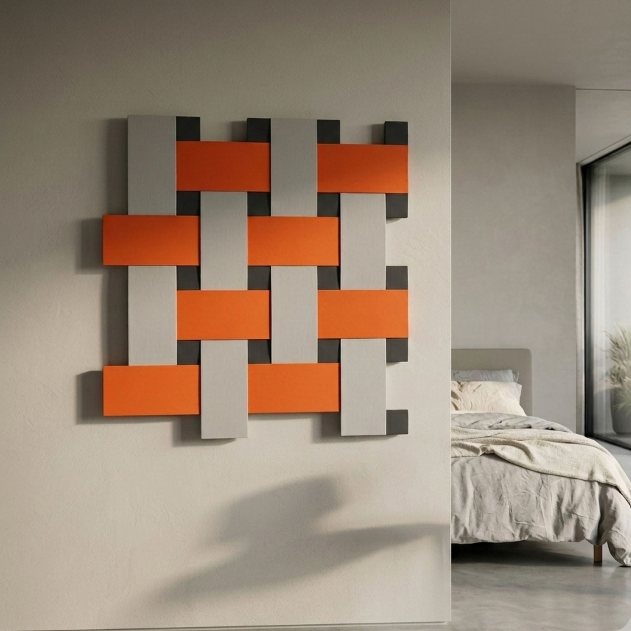 Tressel Interlock Orange Oil Painting 3D Wall Art by Giant Sculptures with woven orange, grey and black bars displayed on a cream wall beside a bedroom.