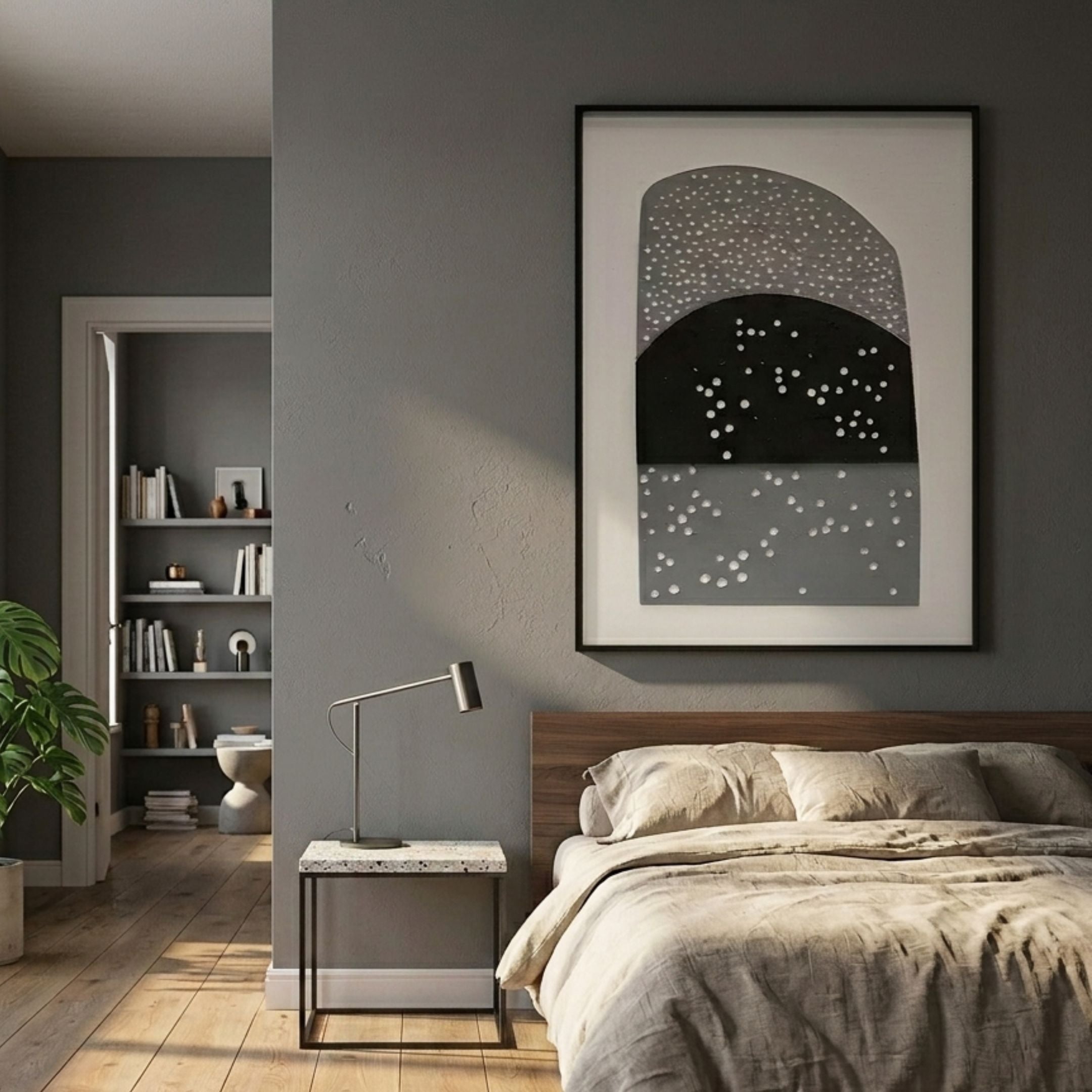 Noctara Arch Frost Monochrome Carved 3D Wall Art by Giant Sculptures displayed above a wooden bed in a grey-walled bedroom with linen bedding and a nightstand.