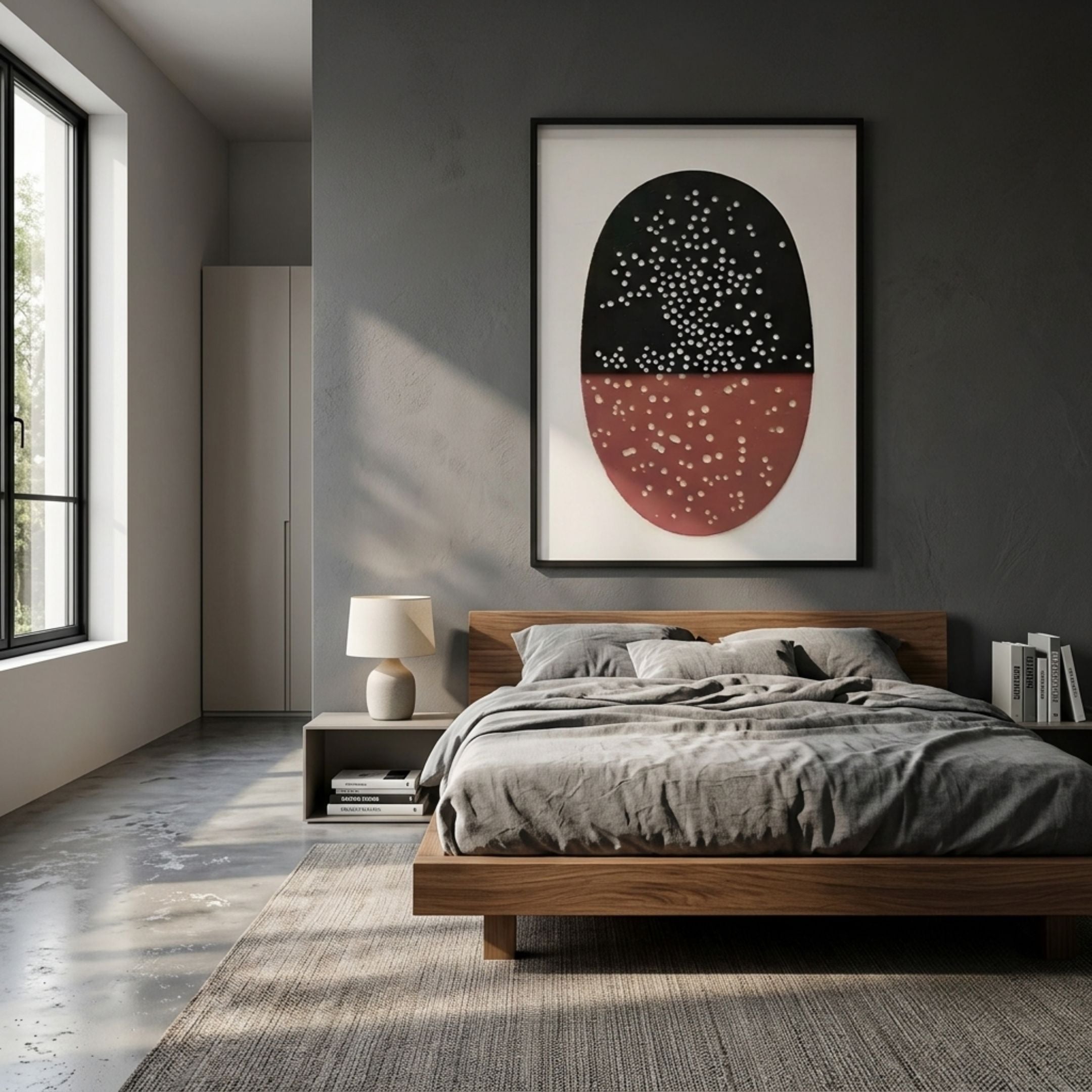 Noctara Orb Dusk Rose Carved 3D Wall Art by Giant Sculptures hung above a wooden bed with grey linens in a modern bedroom with dark grey walls.