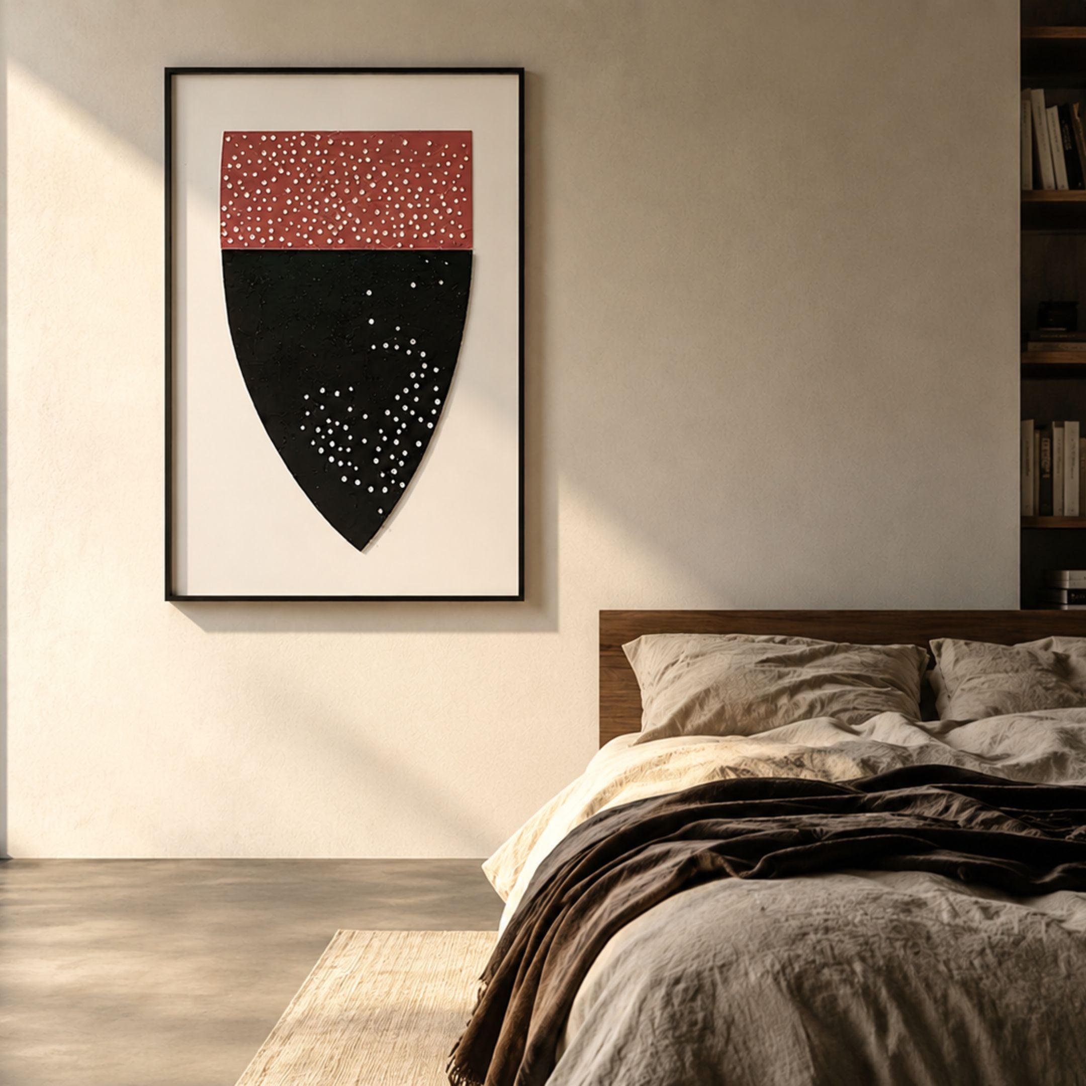 Noctara Crest Mist Rose Carved 3D Wall Art by Giant Sculptures, a framed shield-shaped piece with dotted rose-pink and black sections, hung above a wooden bed.