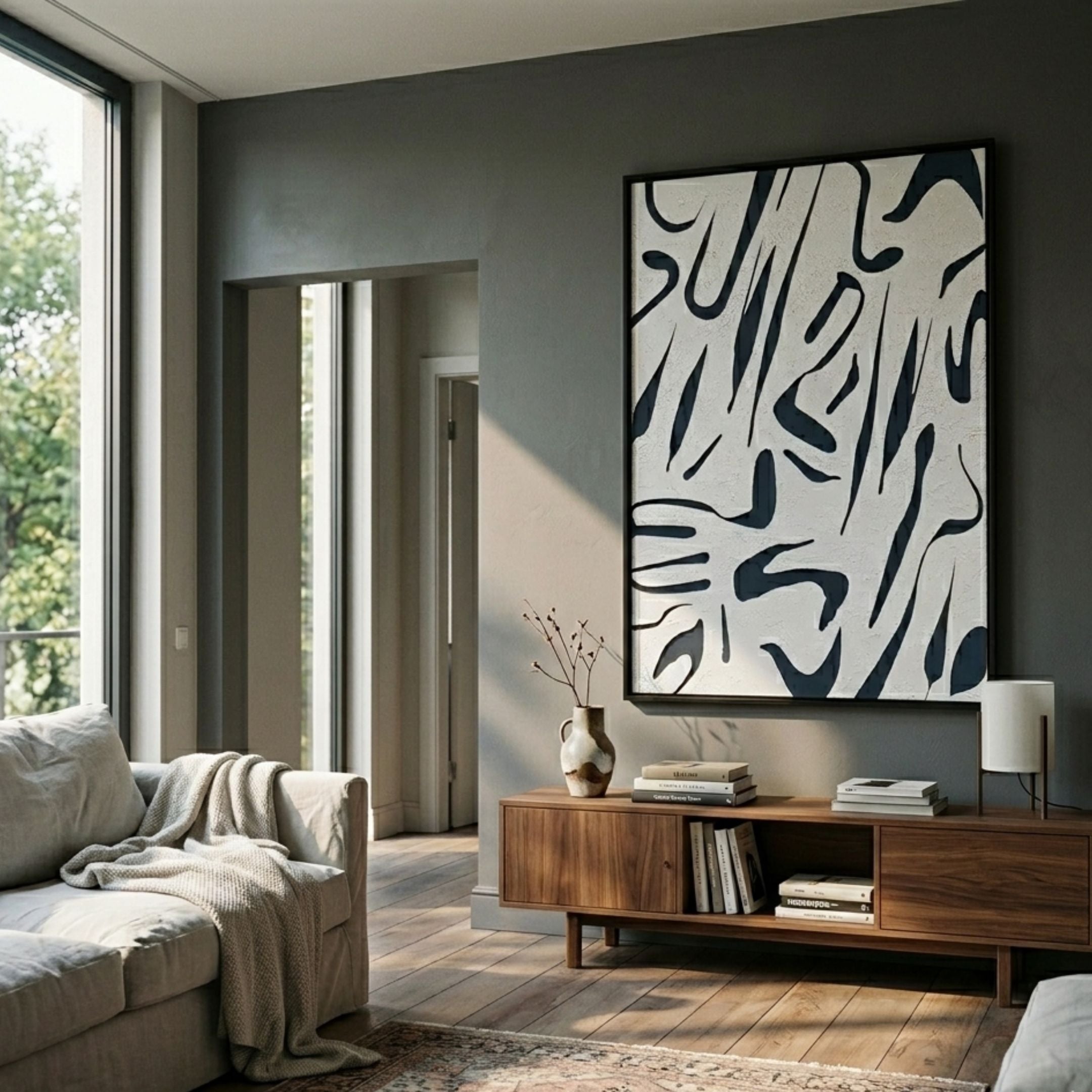 Dunari Midnight Trace II Wood Carving 3D Wall Art with black flowing shapes on white textured field, displayed above a walnut sideboard in a modern living room.