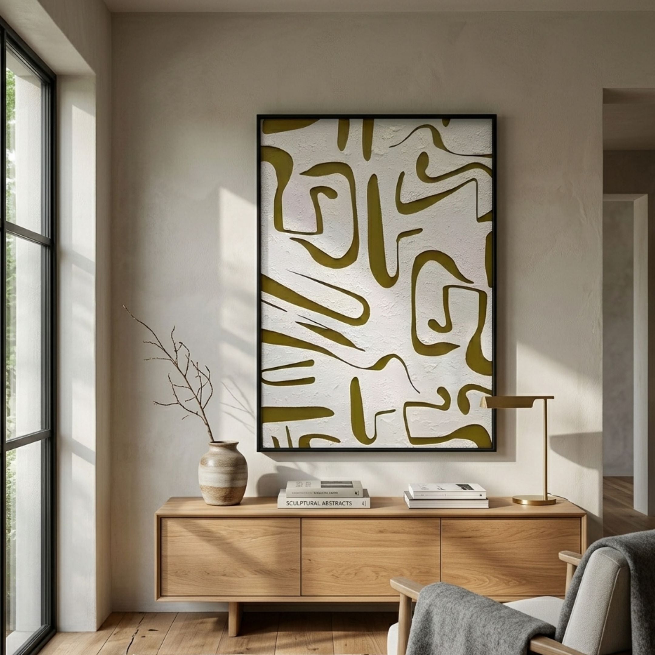Dunari Olive Trace III Wood Carving 3D Wall Art with olive cut-outs on textured white in a black frame, above an oak sideboard with vase and books.