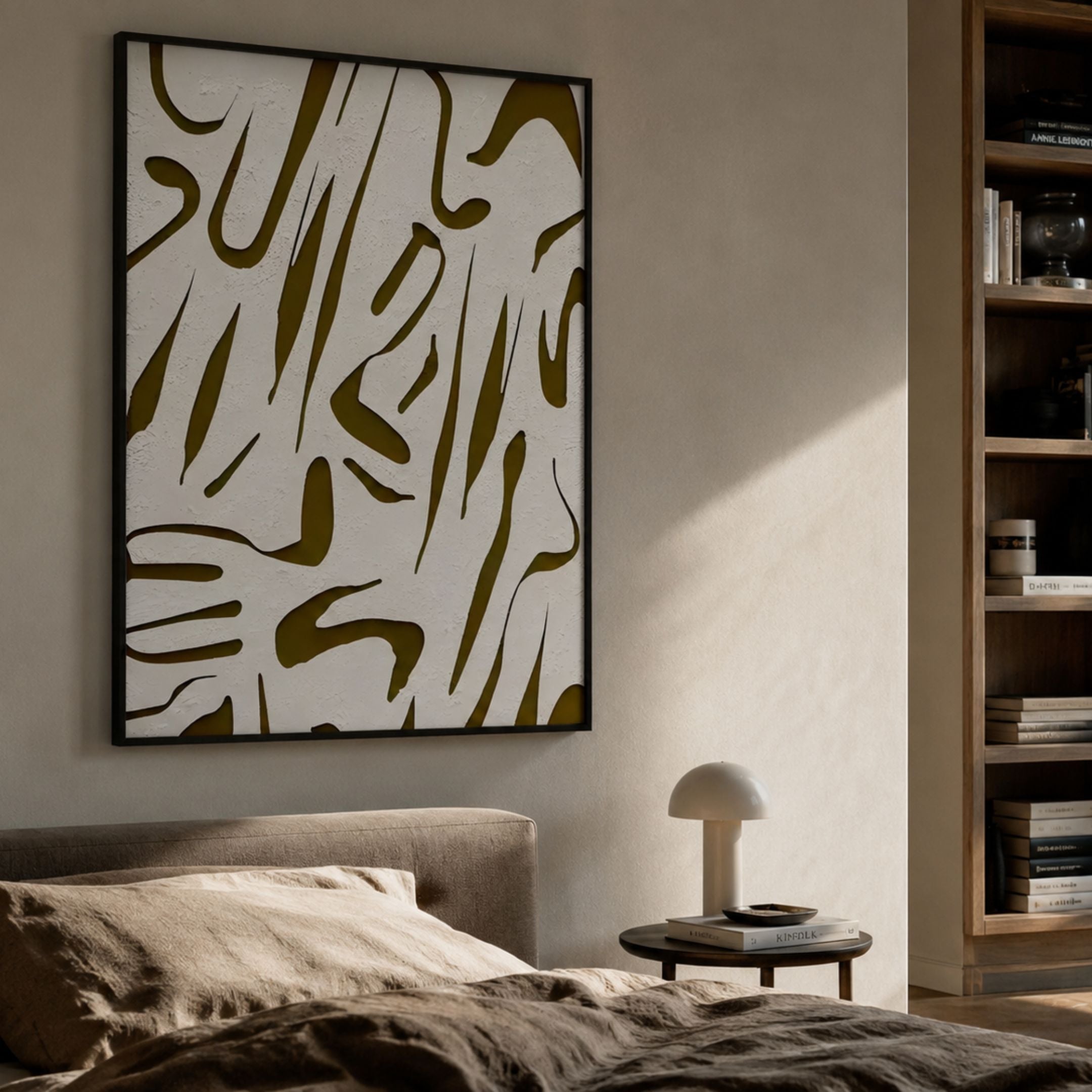 Dunari Olive Trace II Wood Carving 3D Wall Art with white textured surface and mustard-yellow cut-outs in a black frame, above a bed beside a bookshelf.
