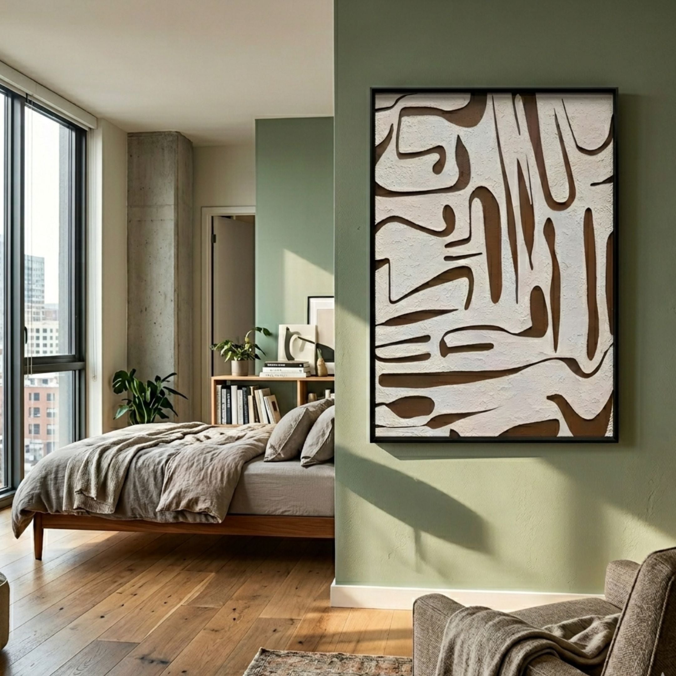 Dunari Earth Trace I Wood Carving 3D Wall Art with white organic relief on warm wood in a black frame, displayed on a sage green wall beside a bedroom.