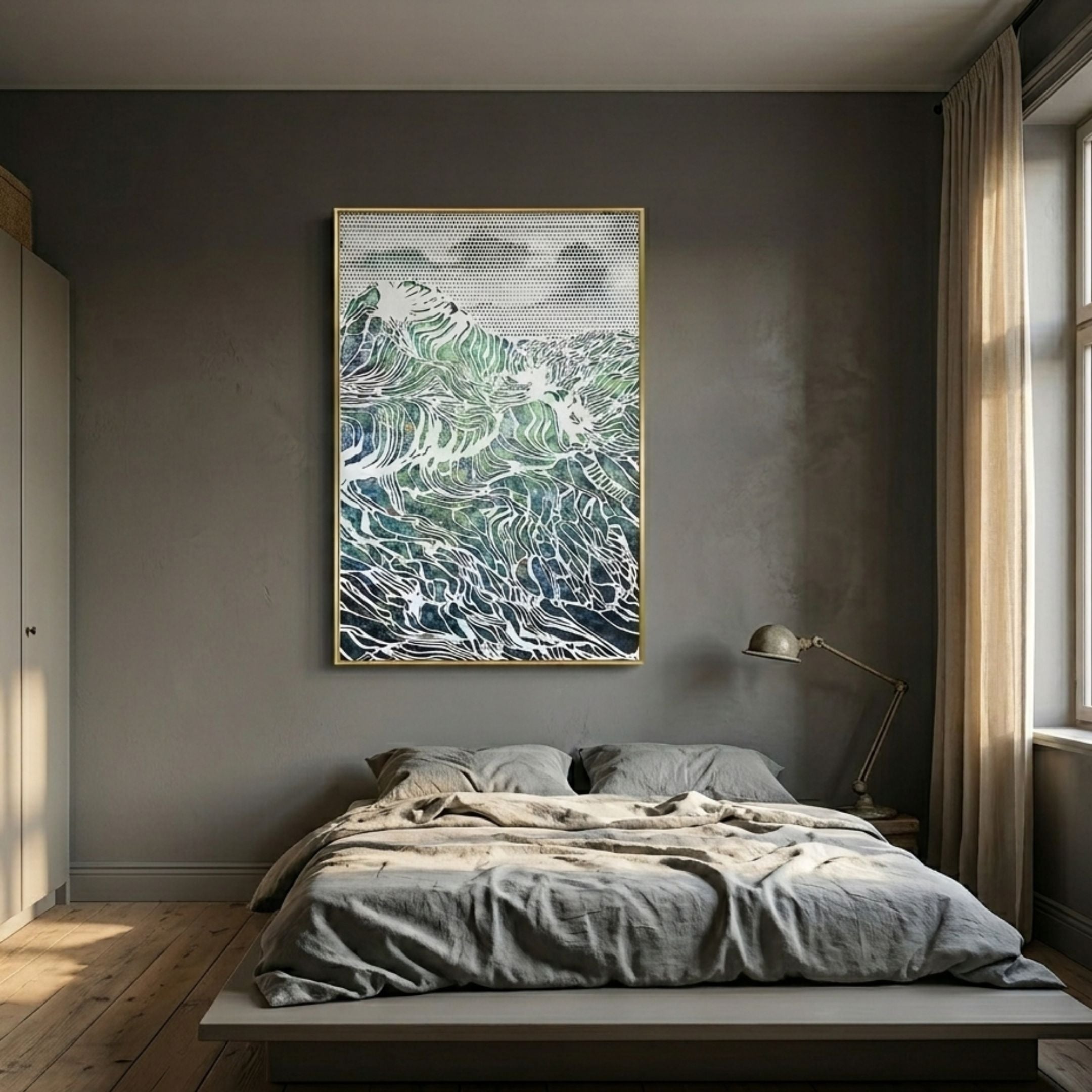 Ravara Driftline Carved Hand-Painted 3D Wall Art with blue, green, and white wave motifs and gold border, displayed above a linen bed in a grey bedroom.