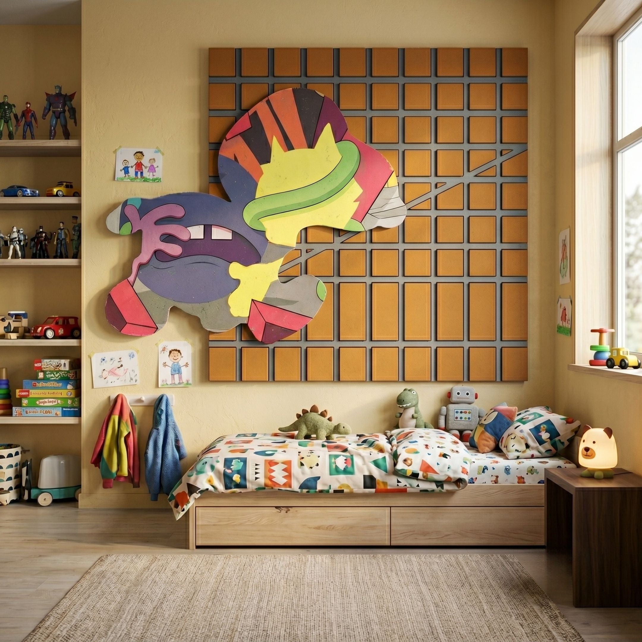 Snoopy Gridz Pulse Runner Amber 3D Wall Art by Giant Sculptures mounted above a kids' bed with plush toys, books, and figurine shelves in a warm yellow room.