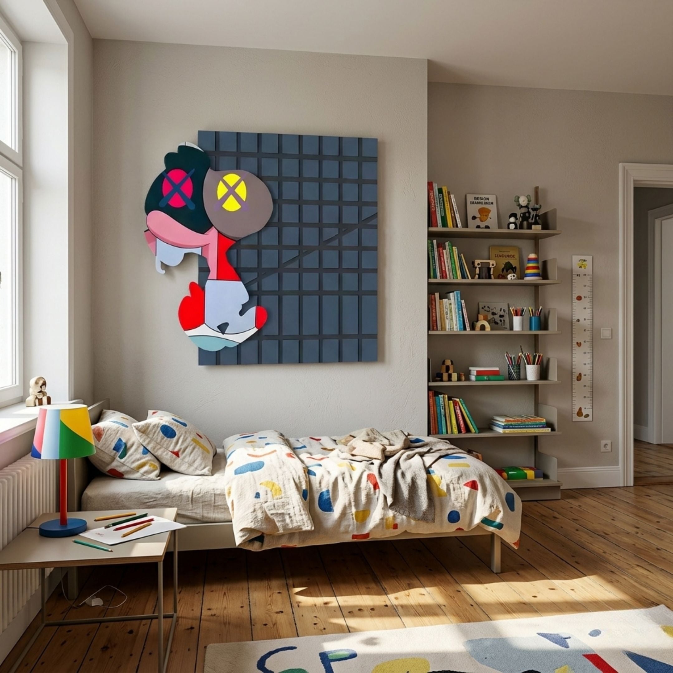 Snoopy Gridz Neon Stroll Night 3D Wall Art by Giant Sculptures mounted above a bed in a kids' room, with bookshelves and toys alongside wood flooring.