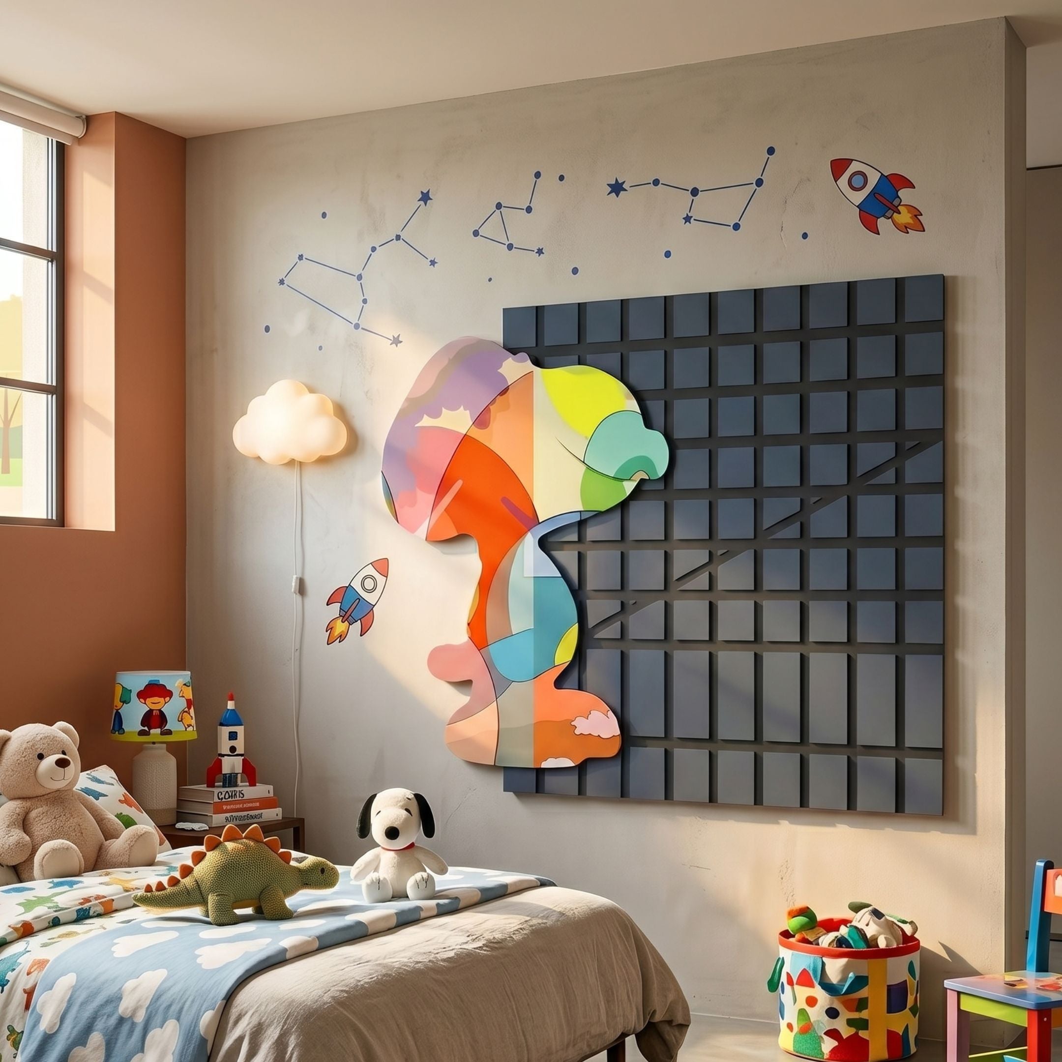Snoopy Gridz Aurora March Night 3D Wall Art by Giant Sculptures, multicoloured Snoopy silhouette on a midnight-blue grid, mounted in a kids' bedroom.