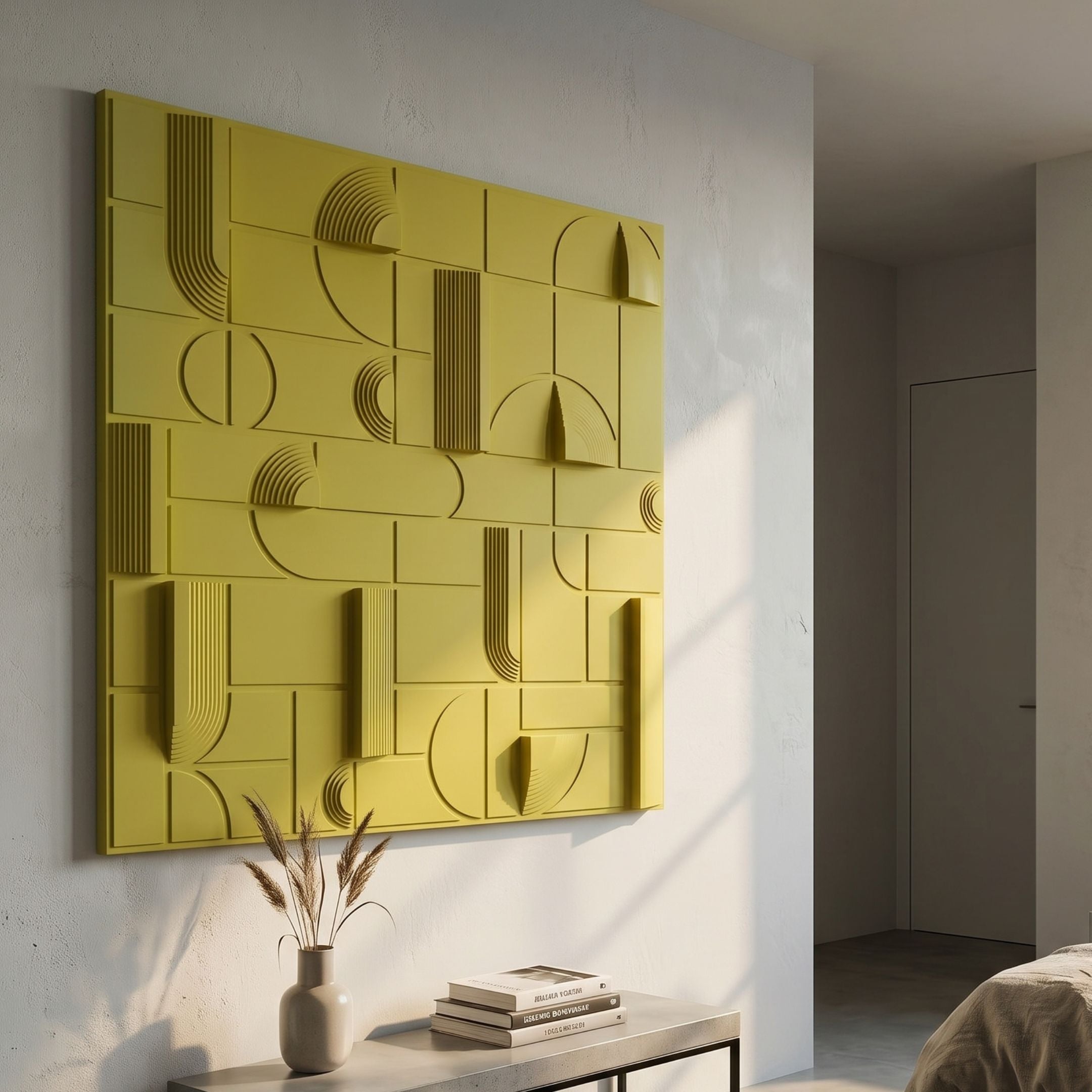 Grida Solar Yellow Wood Carving 3D Wall Art by Giant Sculptures mounted on a pale wall above a console with a vase of pampas grass and stacked books.